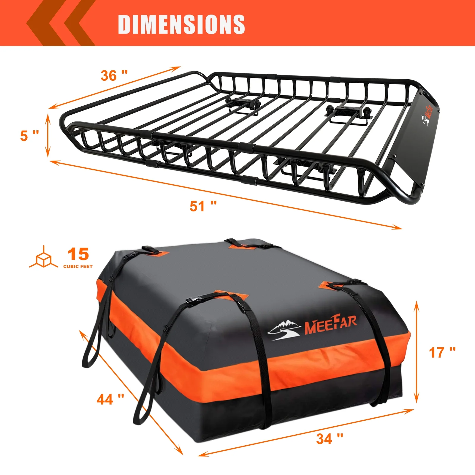MeeFar Universal Rooftop Roof Rack Steel Cargo Carrier Basket Size 51" X 36" X 5" + Soft Shell Waterproof Cargo Bag 15 Cu.ft (44" 34" 17") Combo