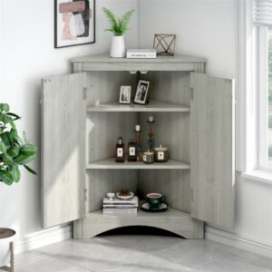 Home Floor Corner Cabinet with Adjustable Shelves and Two Doors, Triangle Bathroom Storage Cabinet, Modern Style Freestanding Floor Cabinet for Kitchen, Living Room and Hall, Oak