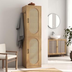66-Inch Bathroom Storage Cabinet with Rattan Doors, Bath Room Organizer Floor Cabinets Brown