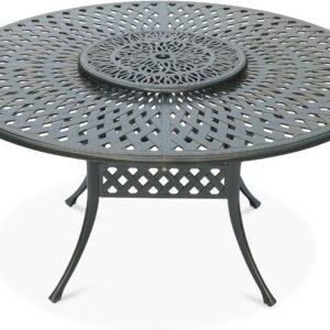 VIVIJASON Outdoor 61" Patio Dining Table for 6-8 Person, Large Patio Round Dining Table with 24" Lazy Susan, Dark Bronze Cast Aluminum Rustic Patio Table W/Umbrella Hole for Balcony, Porch and Deck