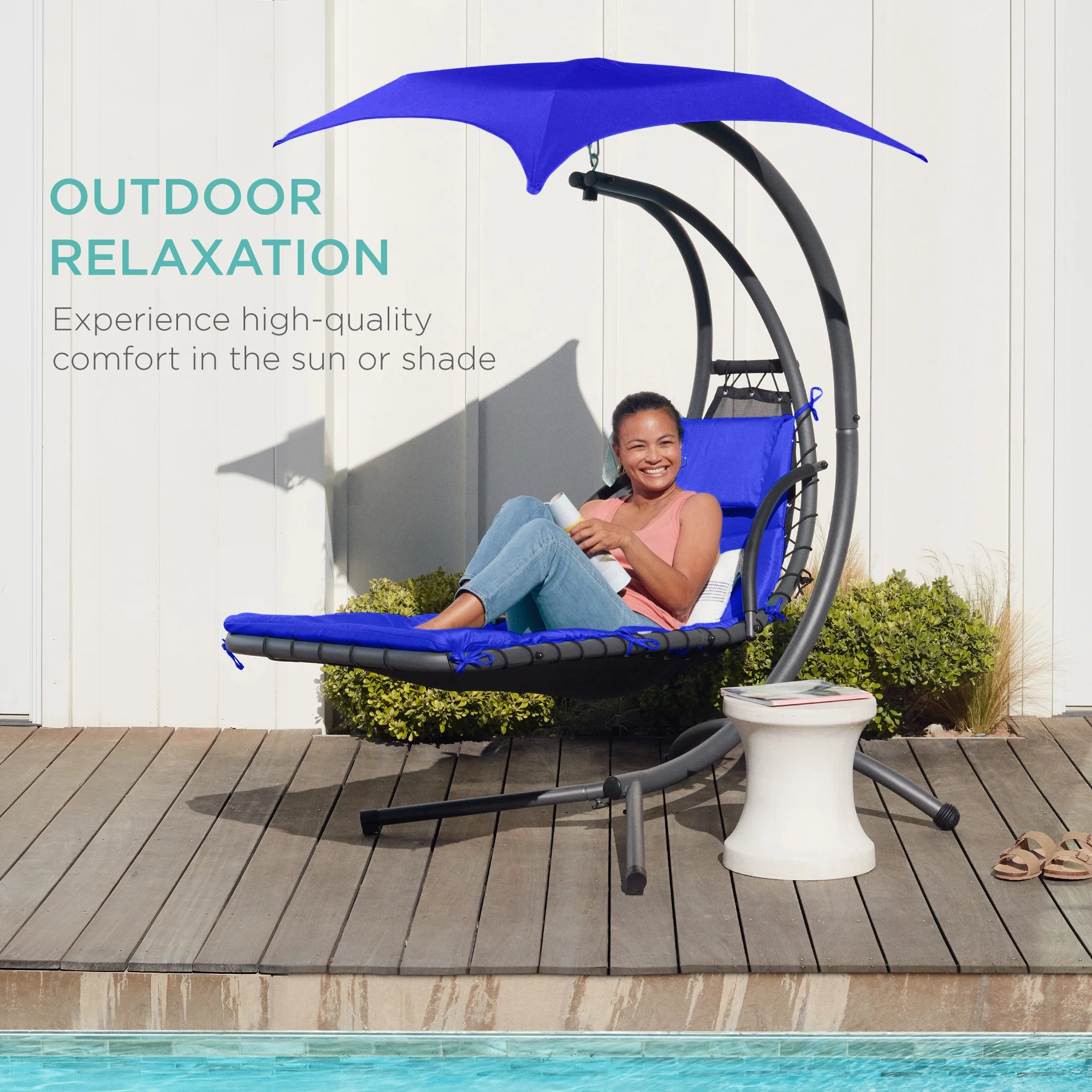 Best Choice Products Hanging Curved Chaise Lounge Chair Swing for Backyard, Patio w/ Pillow, Shade, Stand - Teal
