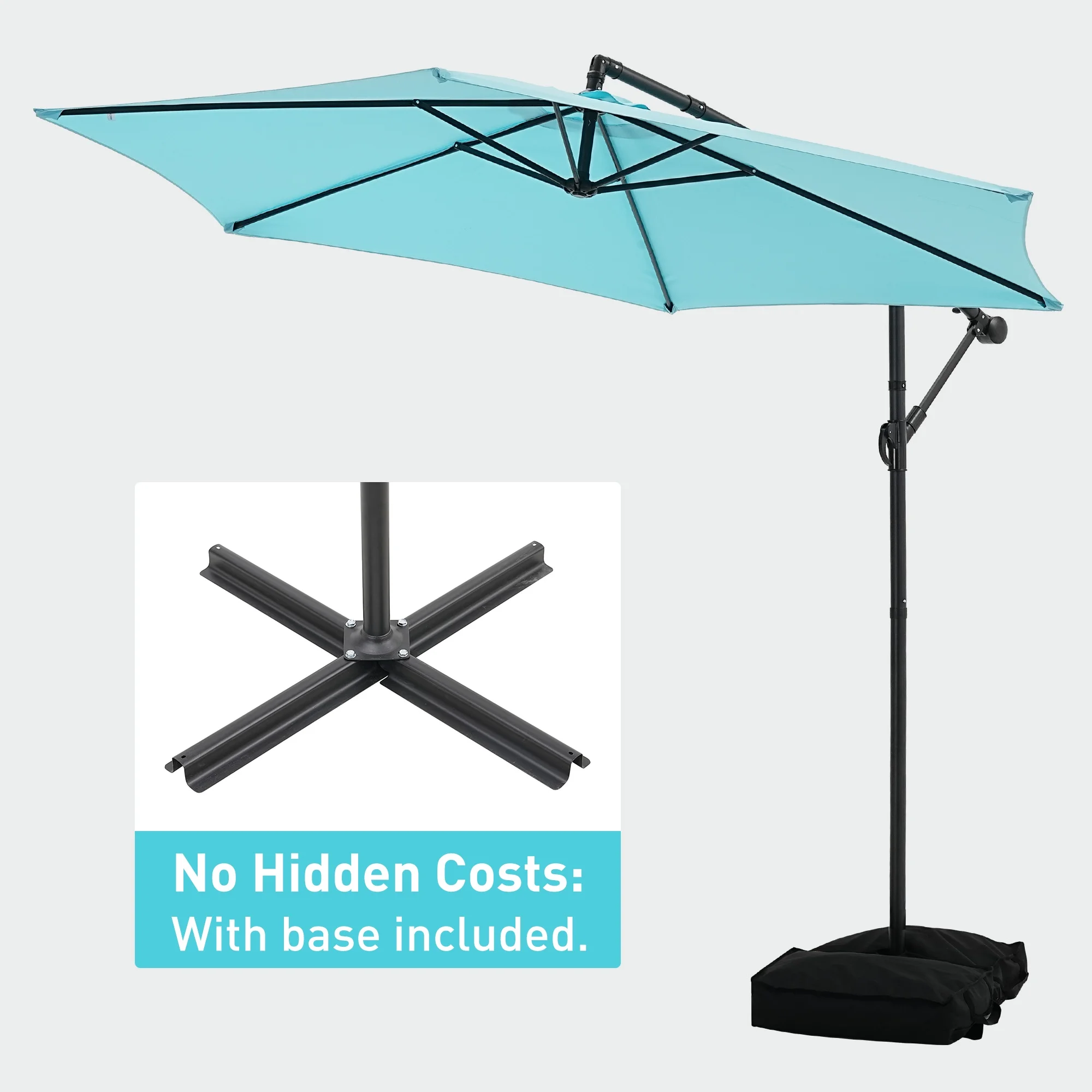 Ainfox 10ft Cantilever Patio Umbrella with Lights, Offset Market Umbrella with Sandbags Weighted Base and Cross Base,Khaki