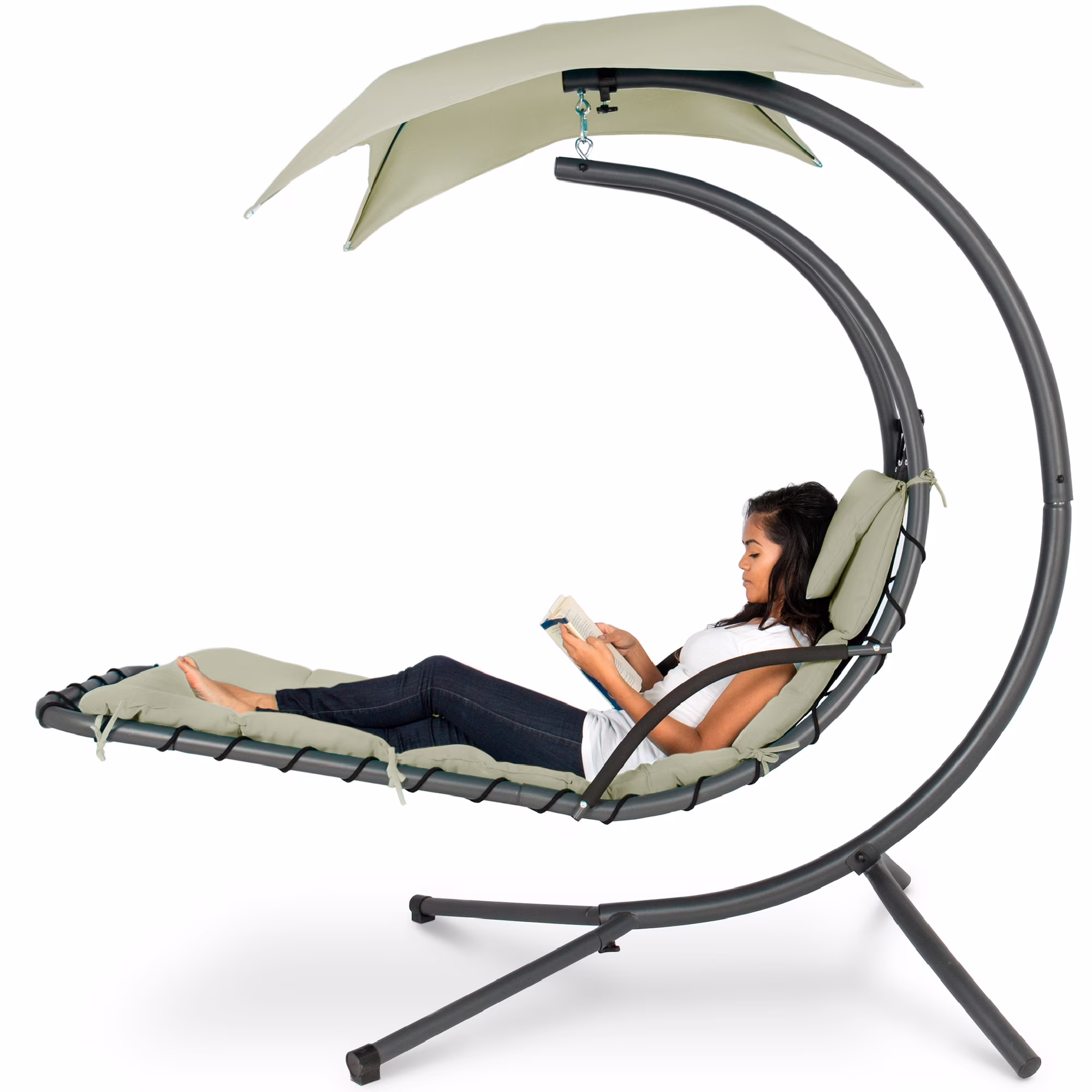Best Choice Products Hanging Curved Chaise Lounge Chair Swing for Backyard, Patio w/ Pillow, Shade, Stand - Teal