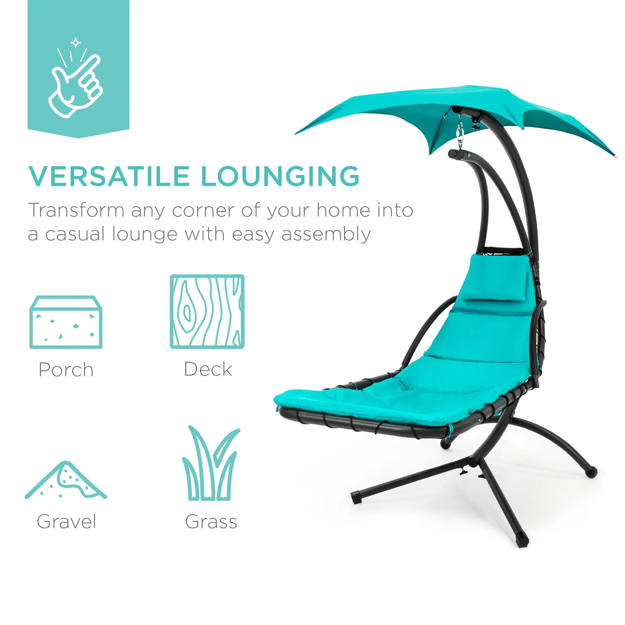Best Choice Products Hanging Curved Chaise Lounge Chair Swing for Backyard, Patio w/ Pillow, Shade, Stand - Teal