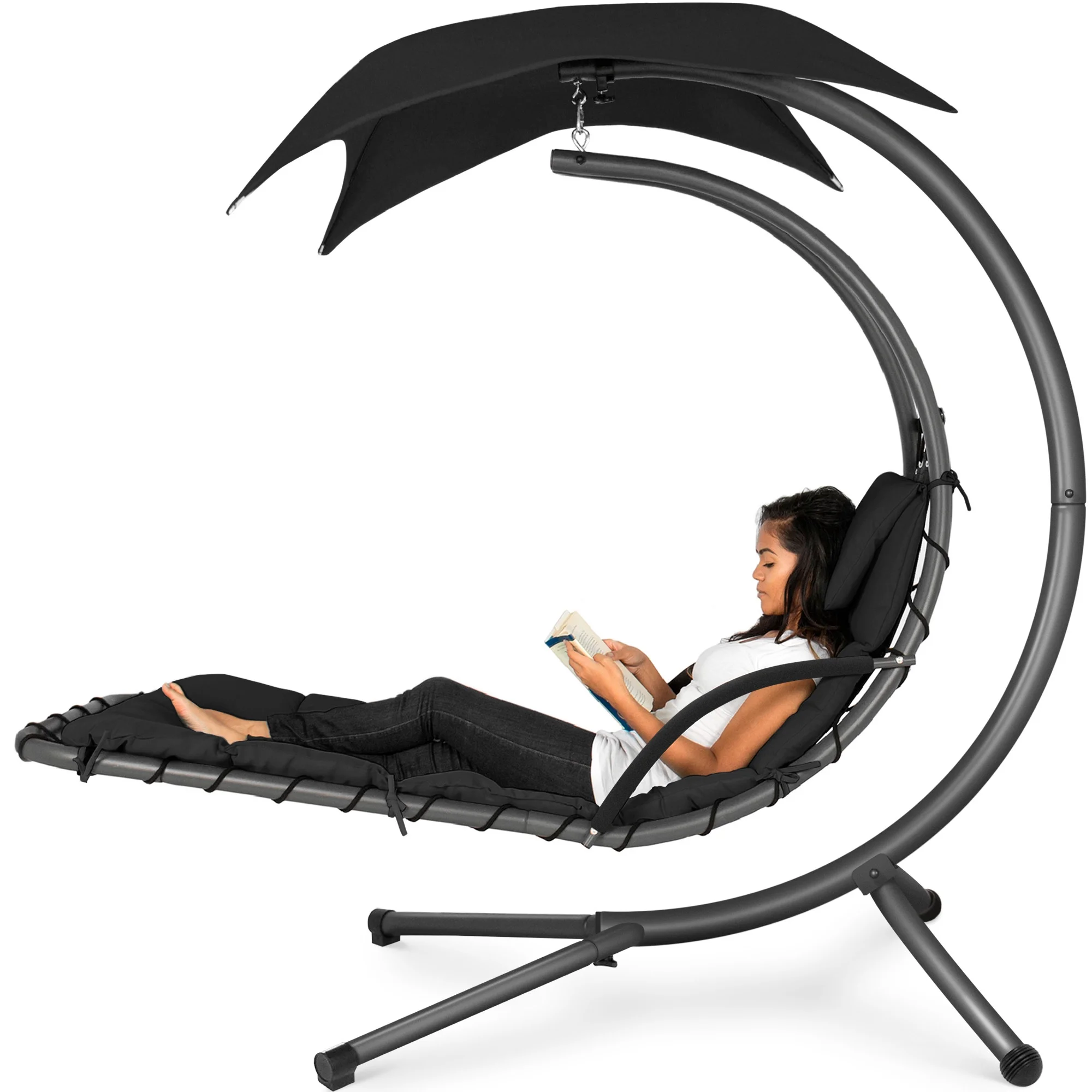 Best Choice Products Hanging Curved Chaise Lounge Chair Swing for Backyard, Patio w/ Pillow, Shade, Stand - Teal