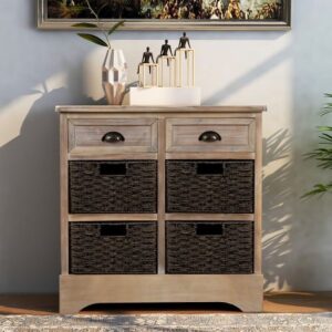 Rustic Storage Cabinet, Wood Accent Cabinet with 2 Drawers and 4 Rattan Baskets,Entryway Console Table Sofa Table for Living Room,Dining Room,White Washed
