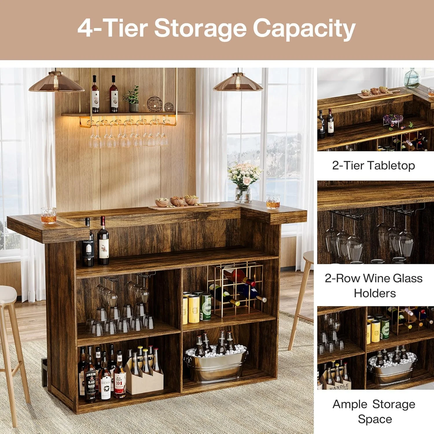 4-Tier Bar Table, 70.9-Inch Large Modern Home Bar Cabinet with Wine Glass Holder and Black Footrest