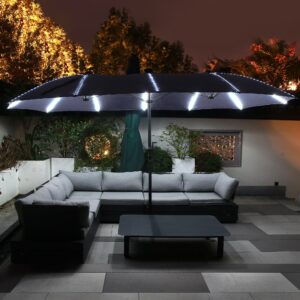 Mondawe 15ft Patio Umbrella, Large Double-Sided Solar LED Outdoor Umbrella with Fiberglass Ribs and Base for Deck Pool, Navy Blue
