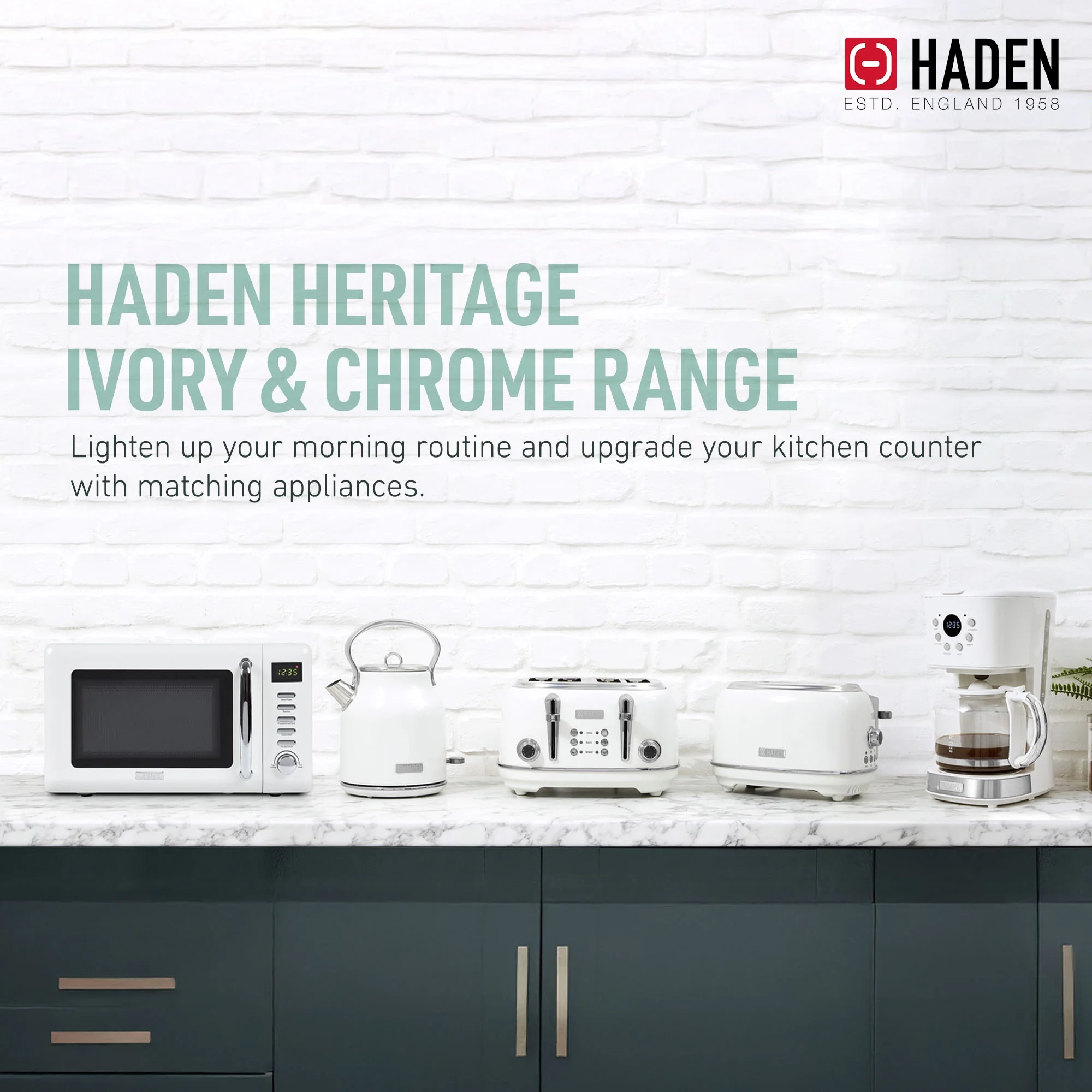 Haden Heritage 1.7 Liter Electric Kettle with 2 Slice Bread Toaster, White