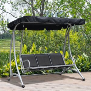 Outsunny 3 Person Patio Swing Seats, Porch Swing with Stand & Adjustable Canopy, Heavy Duty Outdoor Swing Chair Bench for Adults, Black