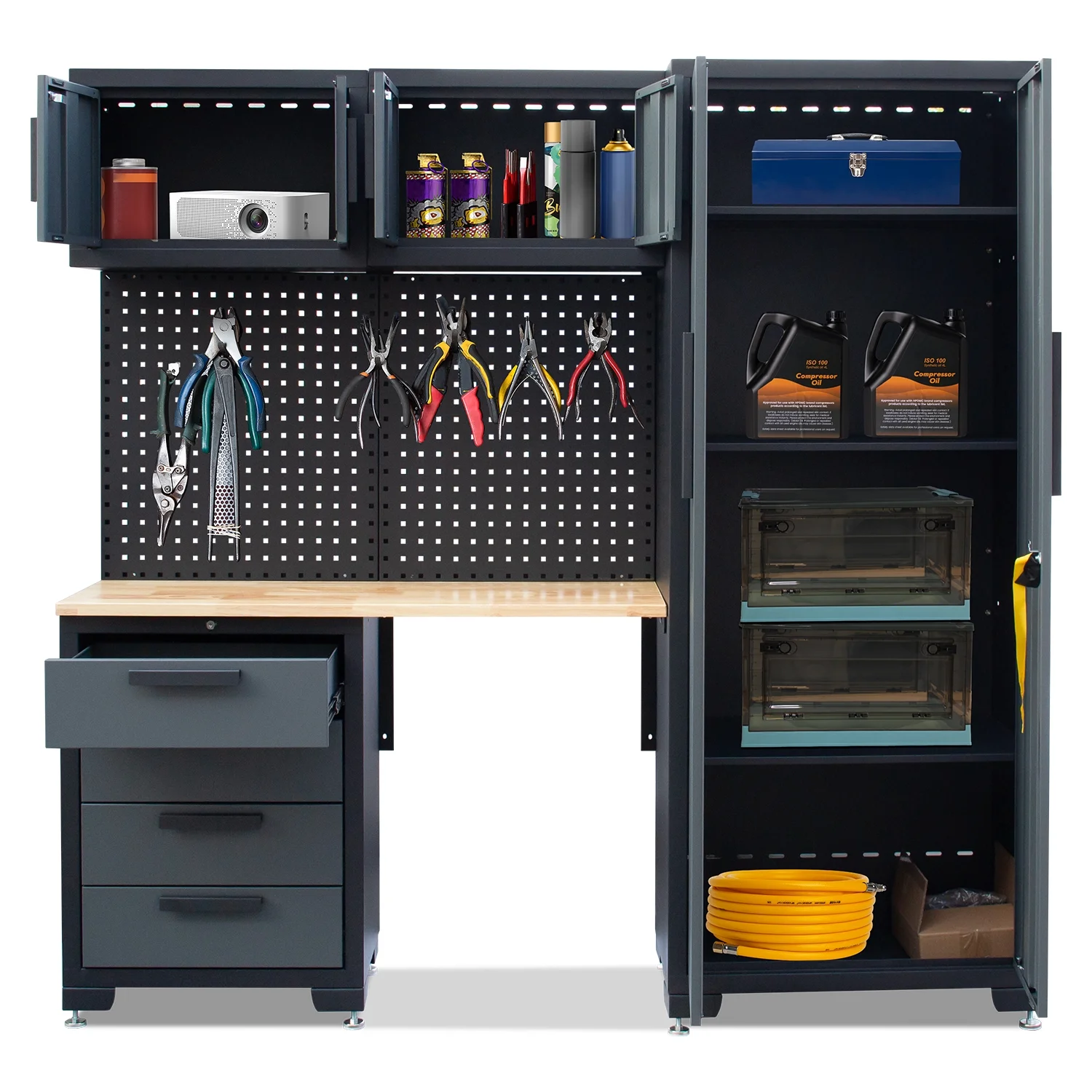 HPDMC Garage Storage Cabinet System 7-Pcs Workshop Set Metal Garage Cabinets System with Steel Cabinet Drawers, Workbench, Pegboard for Garage Tool Organization