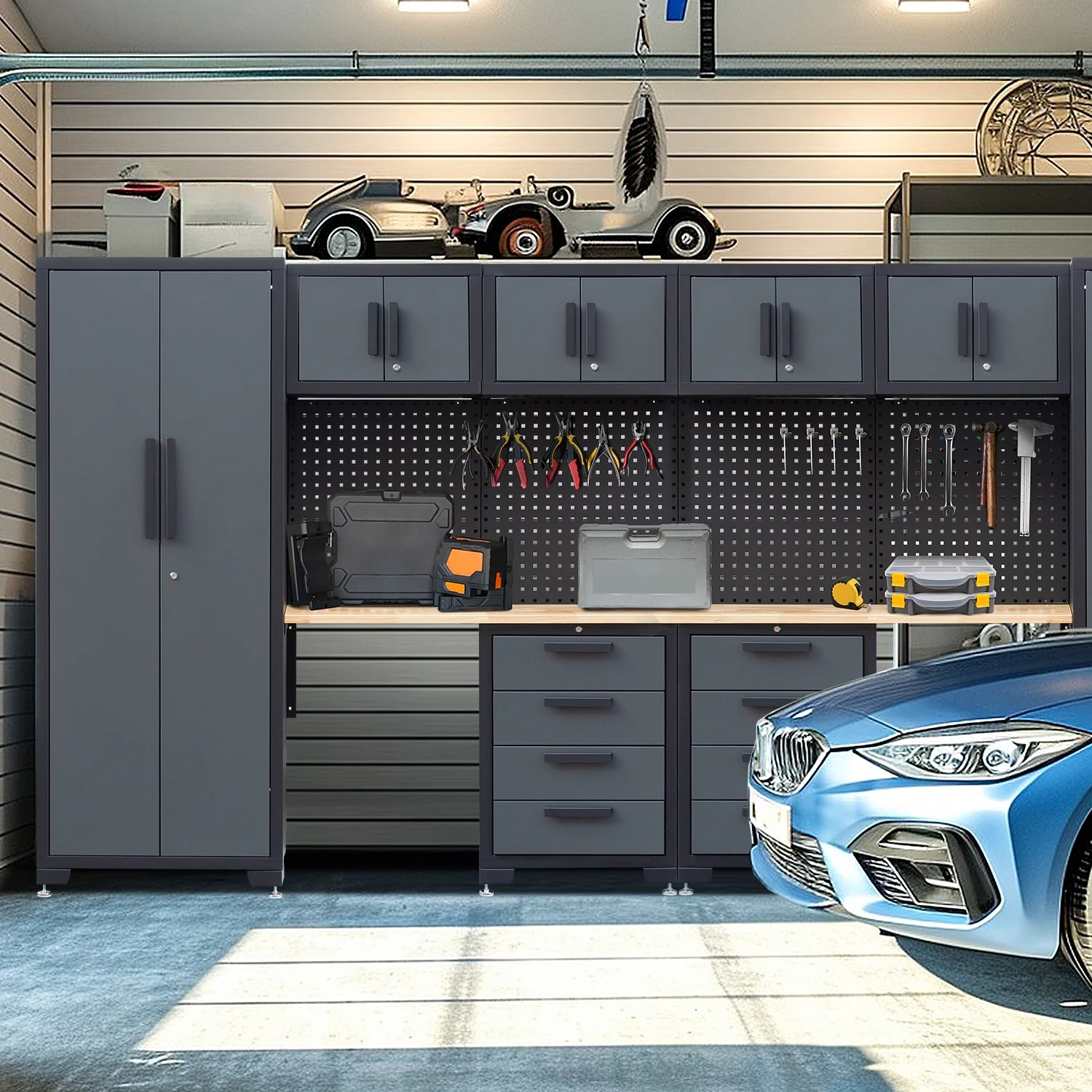 HPDMC Garage Storage Cabinet System 7-Pcs Workshop Set Metal Garage Cabinets System with Steel Cabinet Drawers, Workbench, Pegboard for Garage Tool Organization