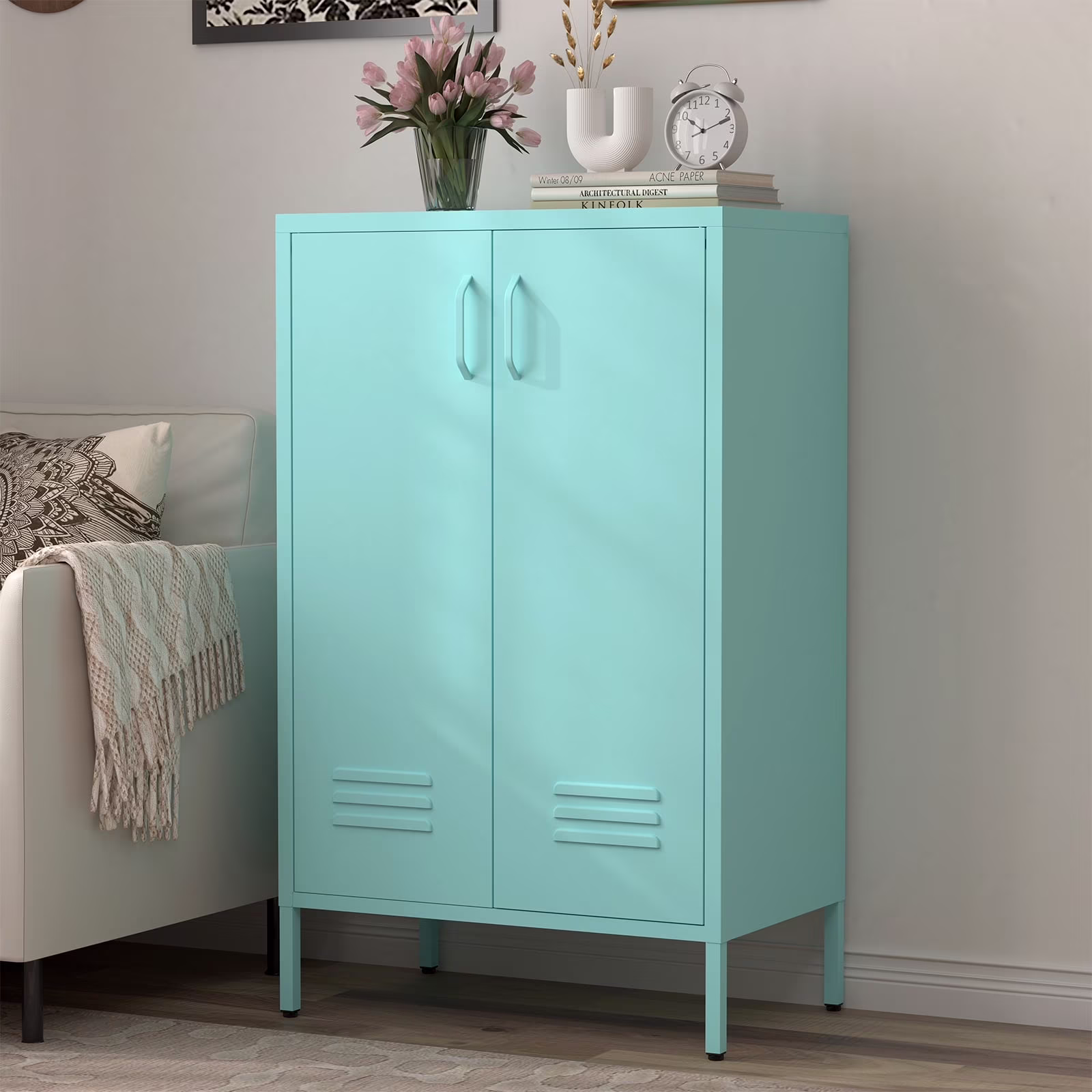 Marcree Green Metal Cabinet,2 Door Accent Cabinet,Metal Locker Cabinet with Legs,Sideboard Cabinet with Adjustable Shelves,Locker Storage Cabinet for Living Room,Entryway