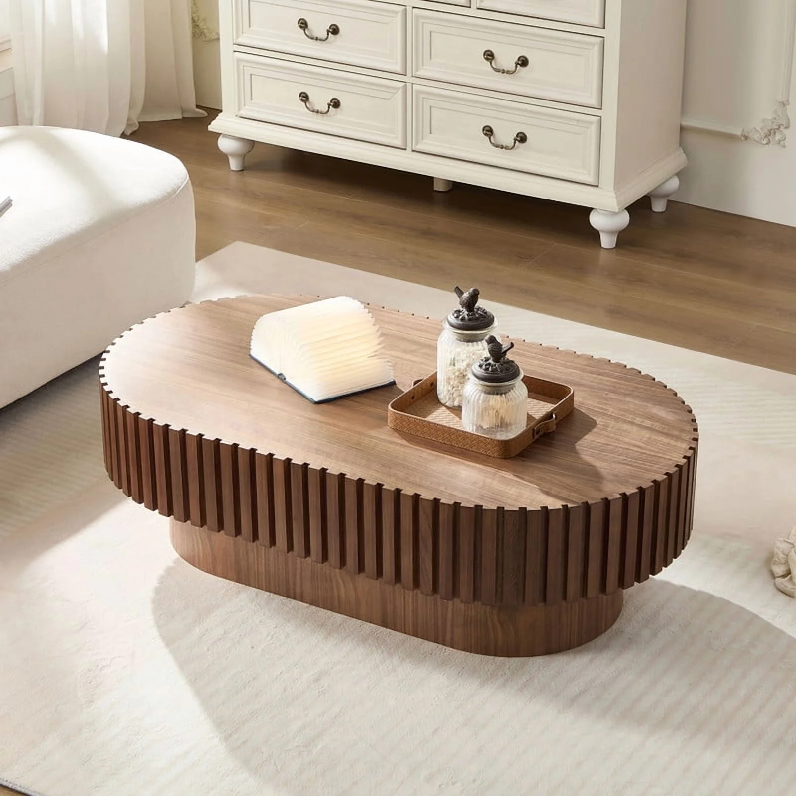 FFH 43.7 inch Oval Coffee Table for Living Room,Handcraft Rustic Corner Coffee Table Nature Wood Relief Sturdy Pedestal for Apartmen,Side Table Centre Table,Nature Wood