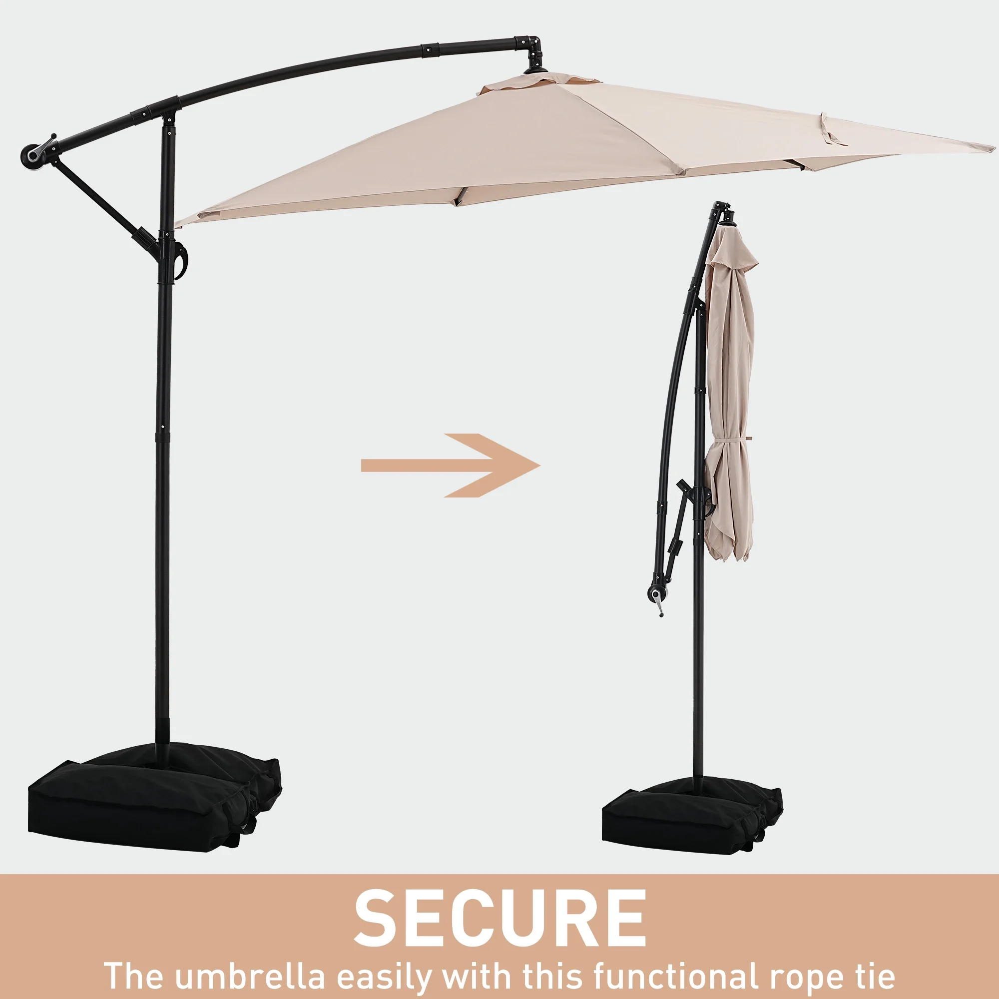 Ainfox 10ft Cantilever Patio Umbrella with Lights, Offset Market Umbrella with Sandbags Weighted Base and Cross Base,Khaki