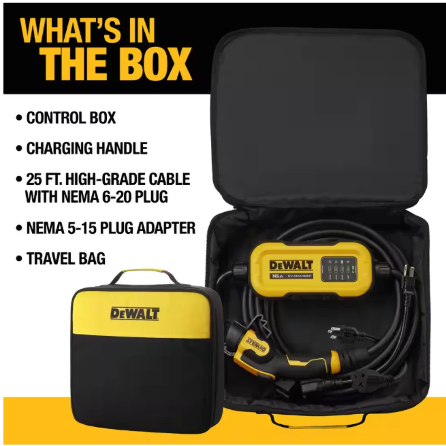 DEWALT Level-2 Portable Electric Vehicle EV Charger up to 16 Amps, 120-240-Volt AC 3.8 KW, 25 Ft. Cable, Weatherproof