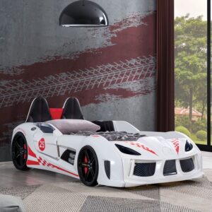 Furniture of America Dash Kids Plastic Twin Race Car Bed with LED and Sound, White