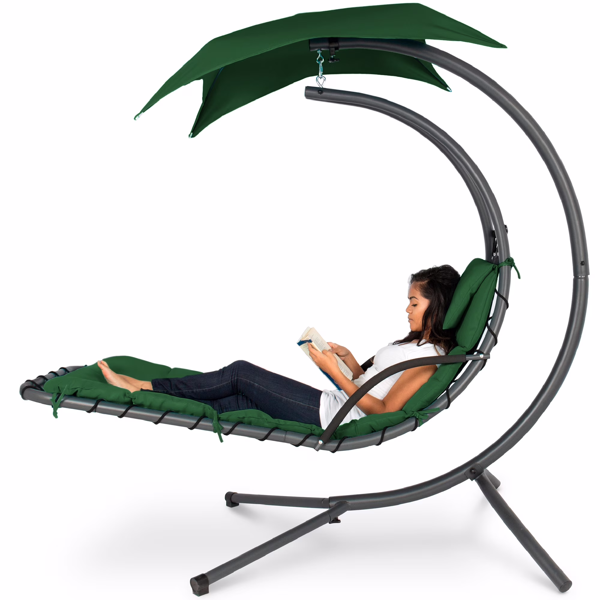 Best Choice Products Hanging Curved Chaise Lounge Chair Swing for Backyard, Patio w/ Pillow, Shade, Stand - Teal