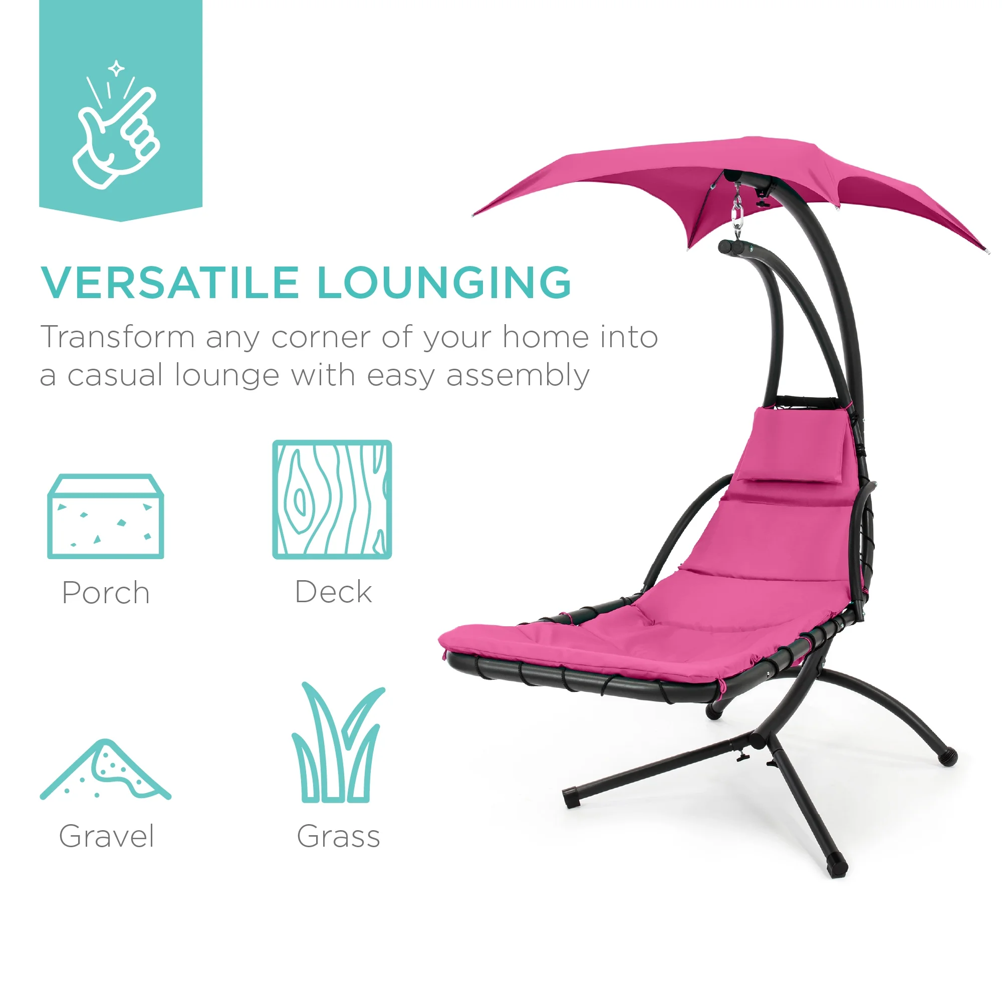 Best Choice Products Hanging Curved Chaise Lounge Chair Swing for Backyard, Patio w/ Pillow, Shade, Stand - Teal