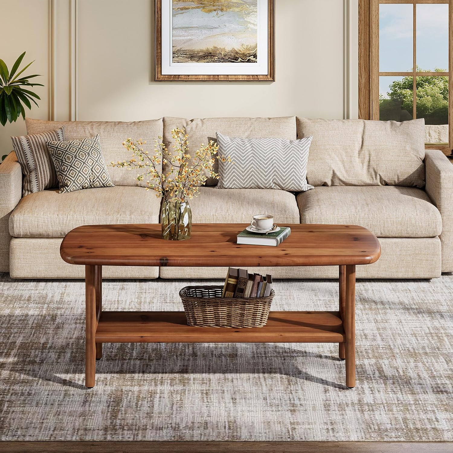 Fimind Solid Wood Coffee Table, 47.24" Mid-Century Modern Rectangle Center Table with 2-Tier Storage Shelf for Living Room, Small Space