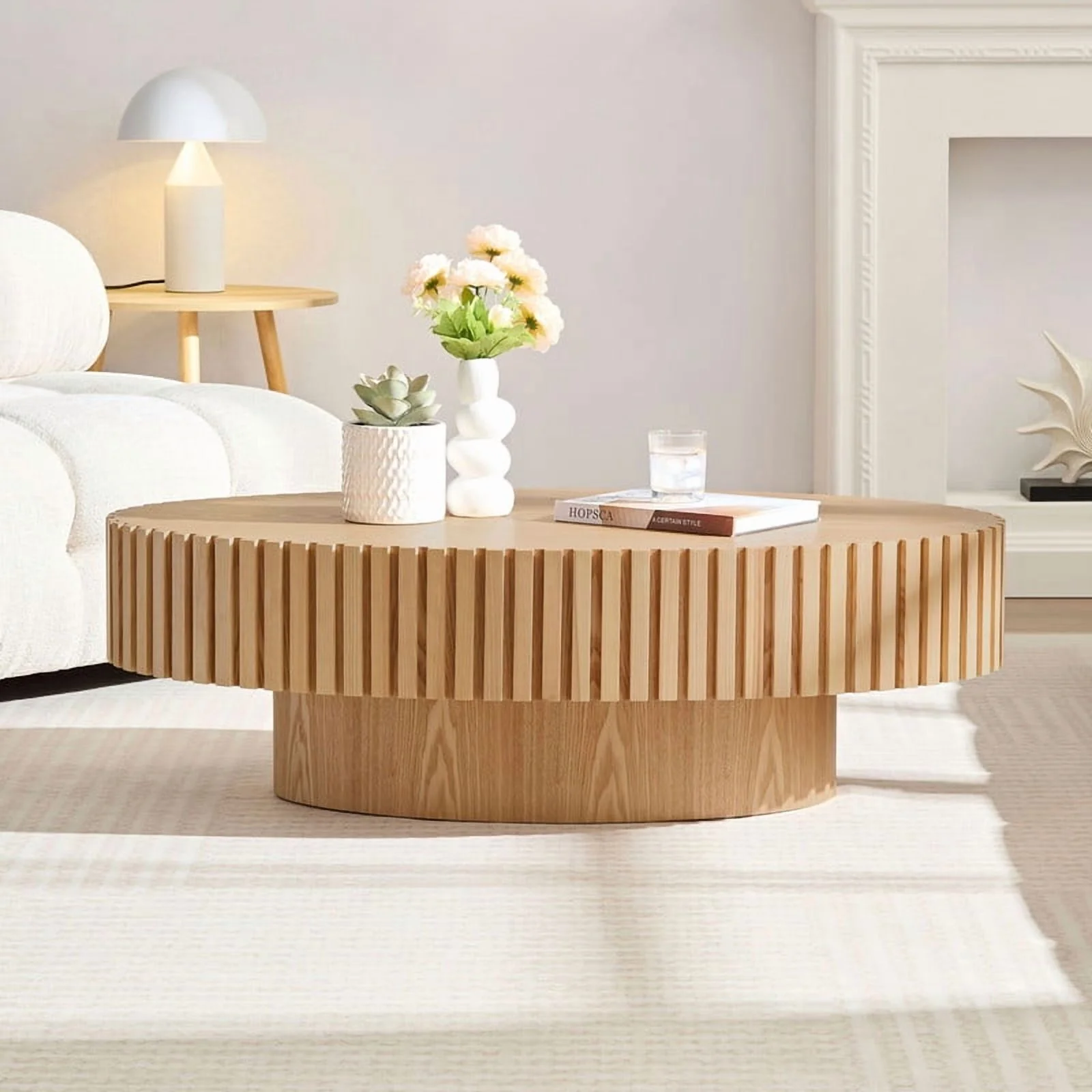 FFH 43.7 inch Oval Coffee Table for Living Room,Handcraft Rustic Corner Coffee Table Nature Wood Relief Sturdy Pedestal for Apartmen,Side Table Centre Table,Nature Wood