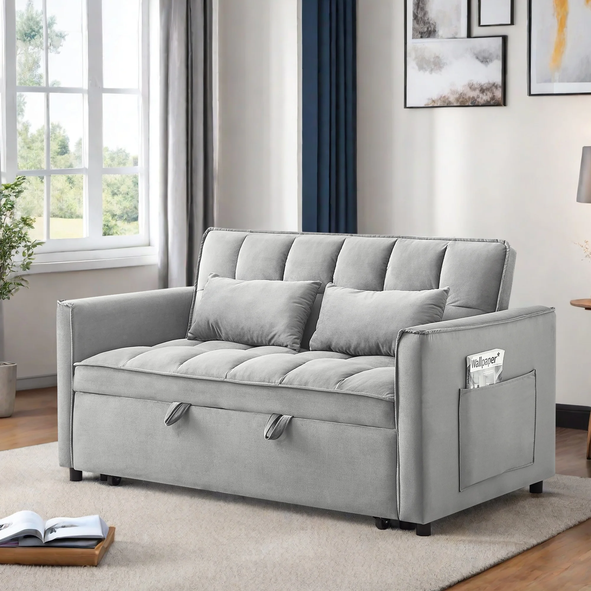 Convertible Sofa Bed,3-in-1 Sleeper Sofa with Pull Out Bed,Sleeper Futon Couch Loveseat with Adjsutable Backrest and Pillows for Living Room,Black