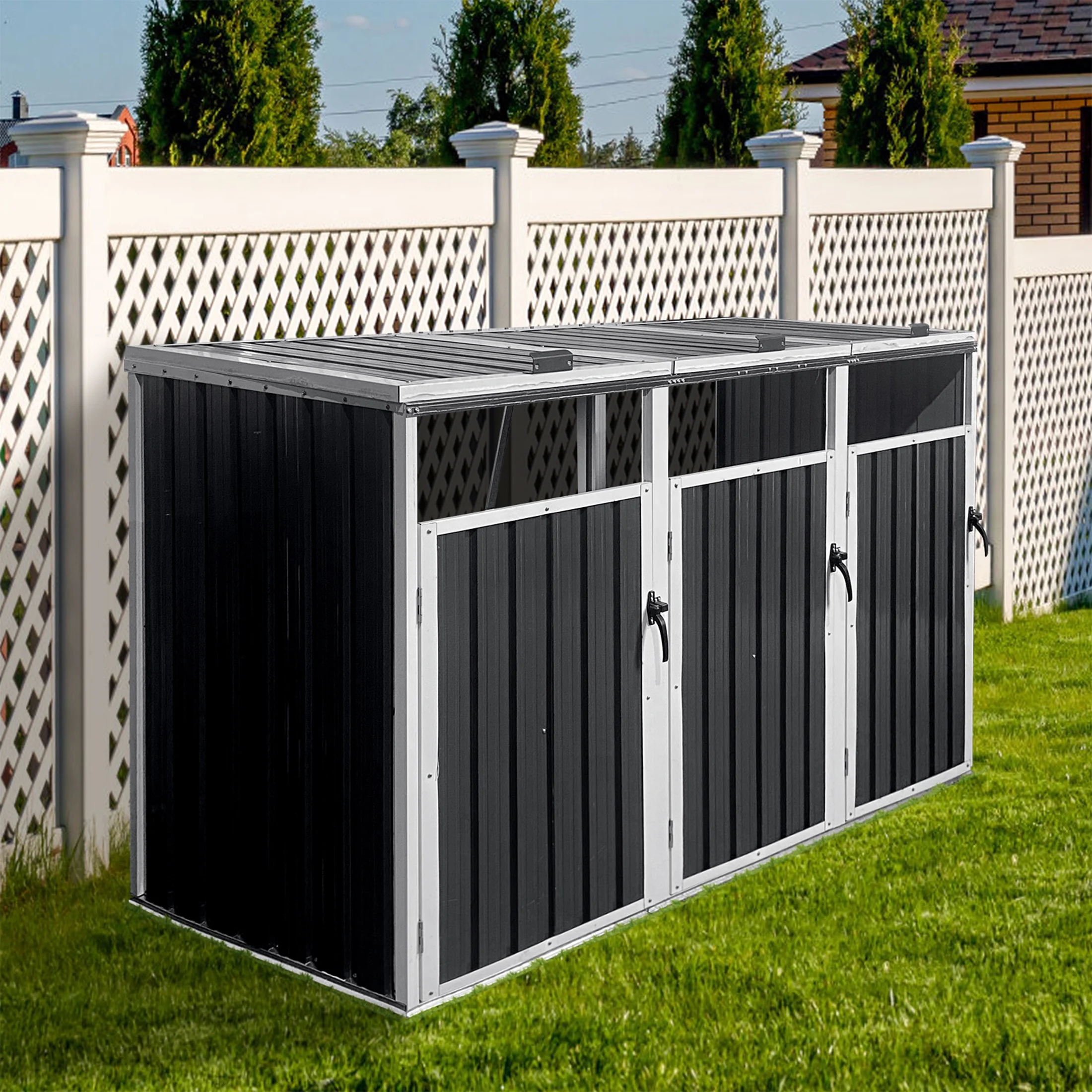 Aukfa 7.3' W Outdoor Garbage Bin Storage, Metal Storage Shed for 3 Trash Cans Tools, Waterproof Trash Can Storage