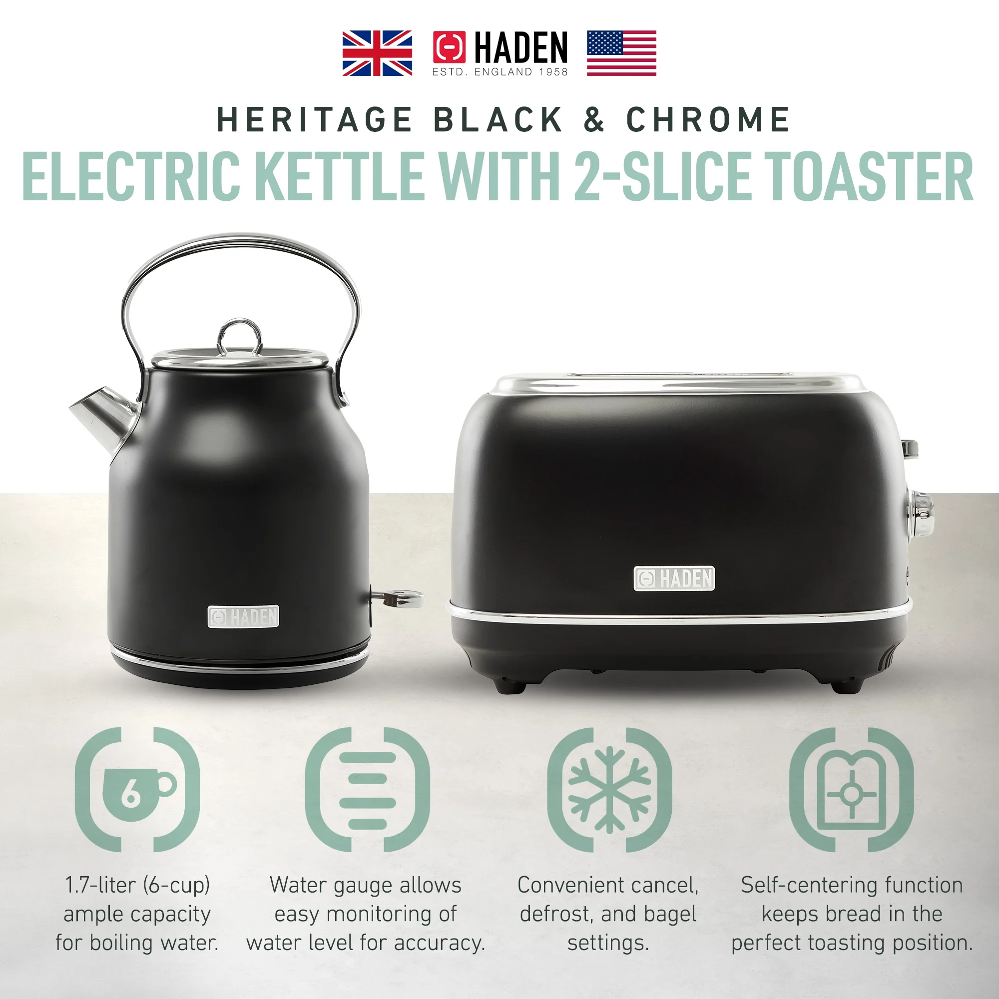 Haden Heritage 1.7 Liter Electric Kettle with 2 Slice Bread Toaster, White