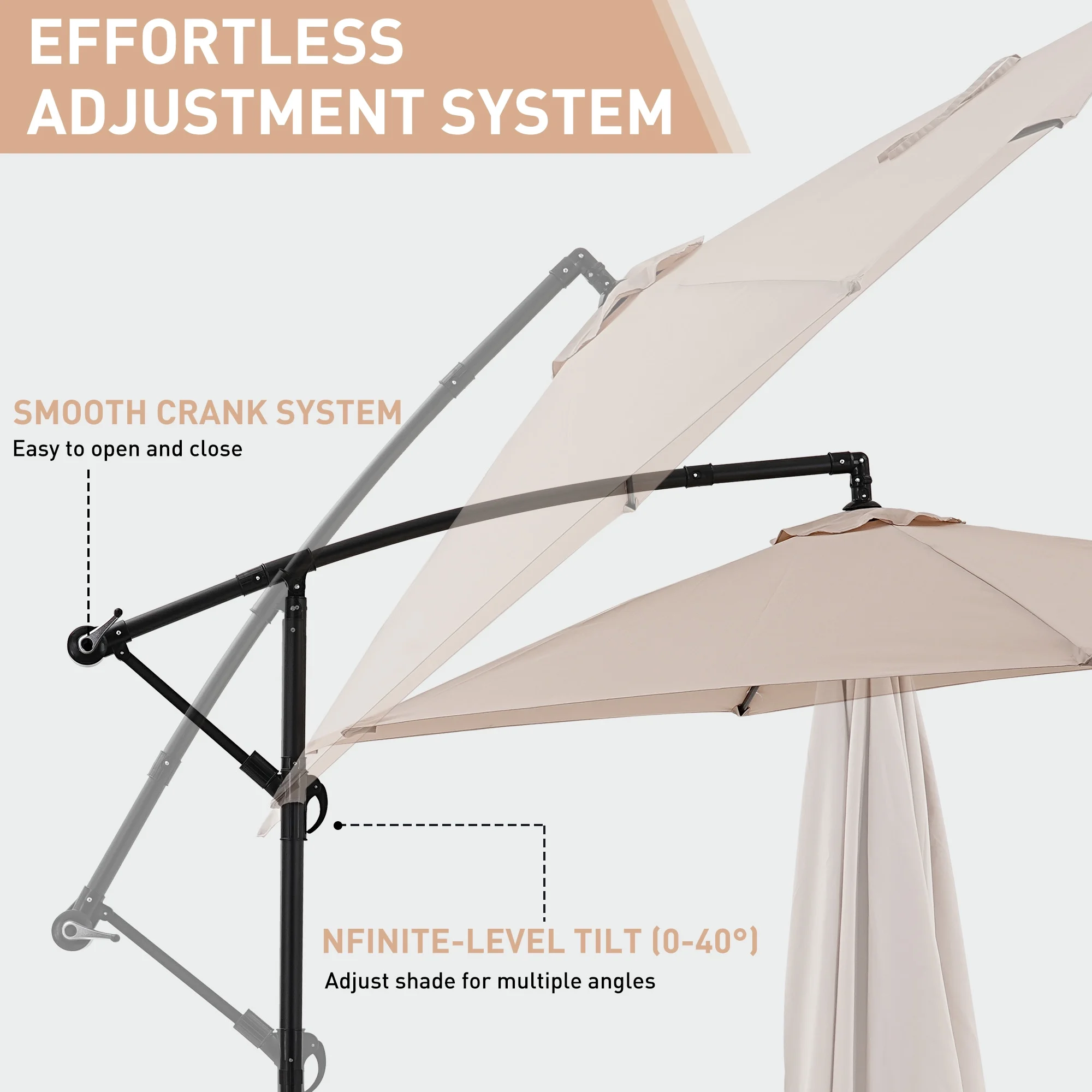 Ainfox 10ft Cantilever Patio Umbrella with Lights, Offset Market Umbrella with Sandbags Weighted Base and Cross Base,Khaki
