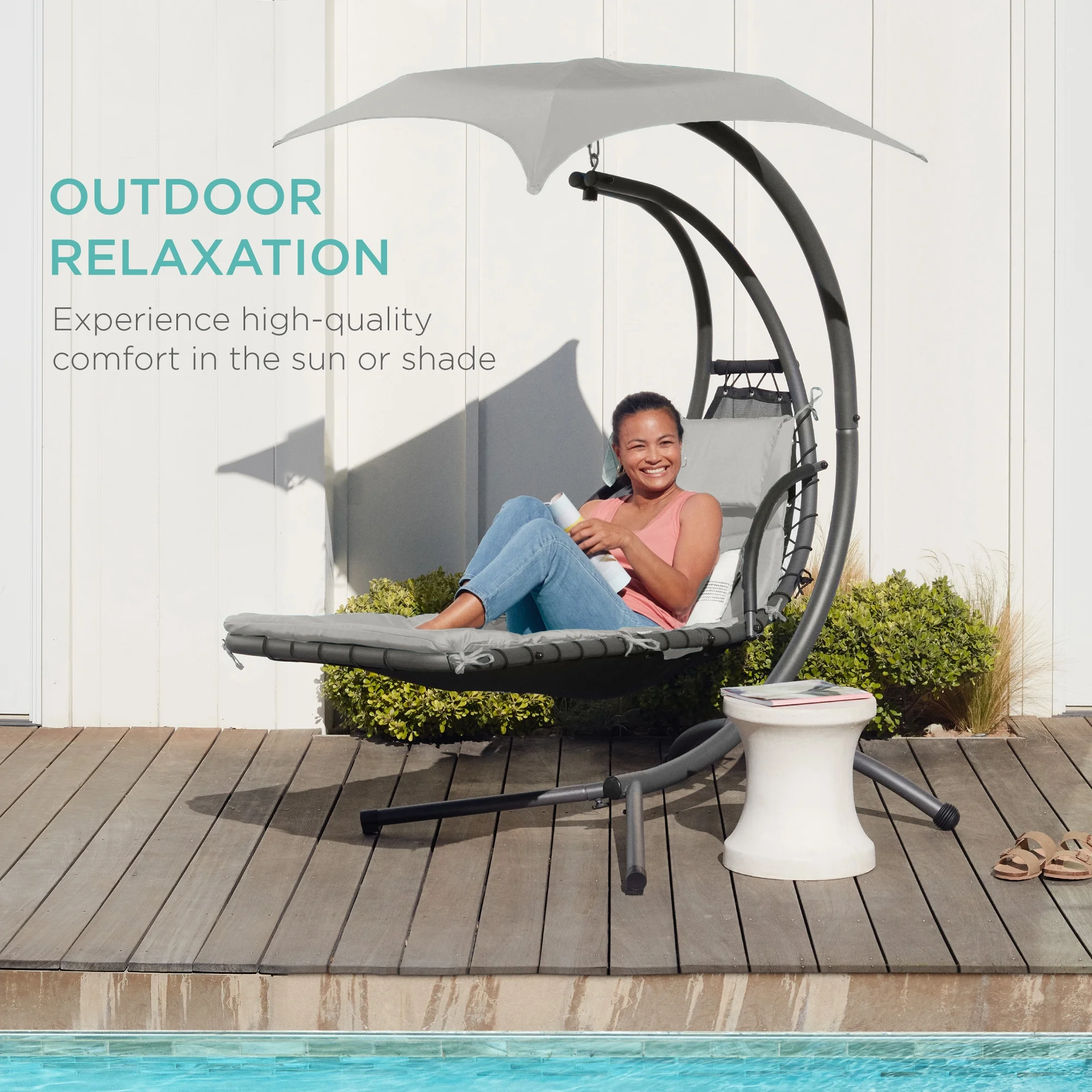 Best Choice Products Hanging Curved Chaise Lounge Chair Swing for Backyard, Patio w/ Pillow, Shade, Stand - Teal