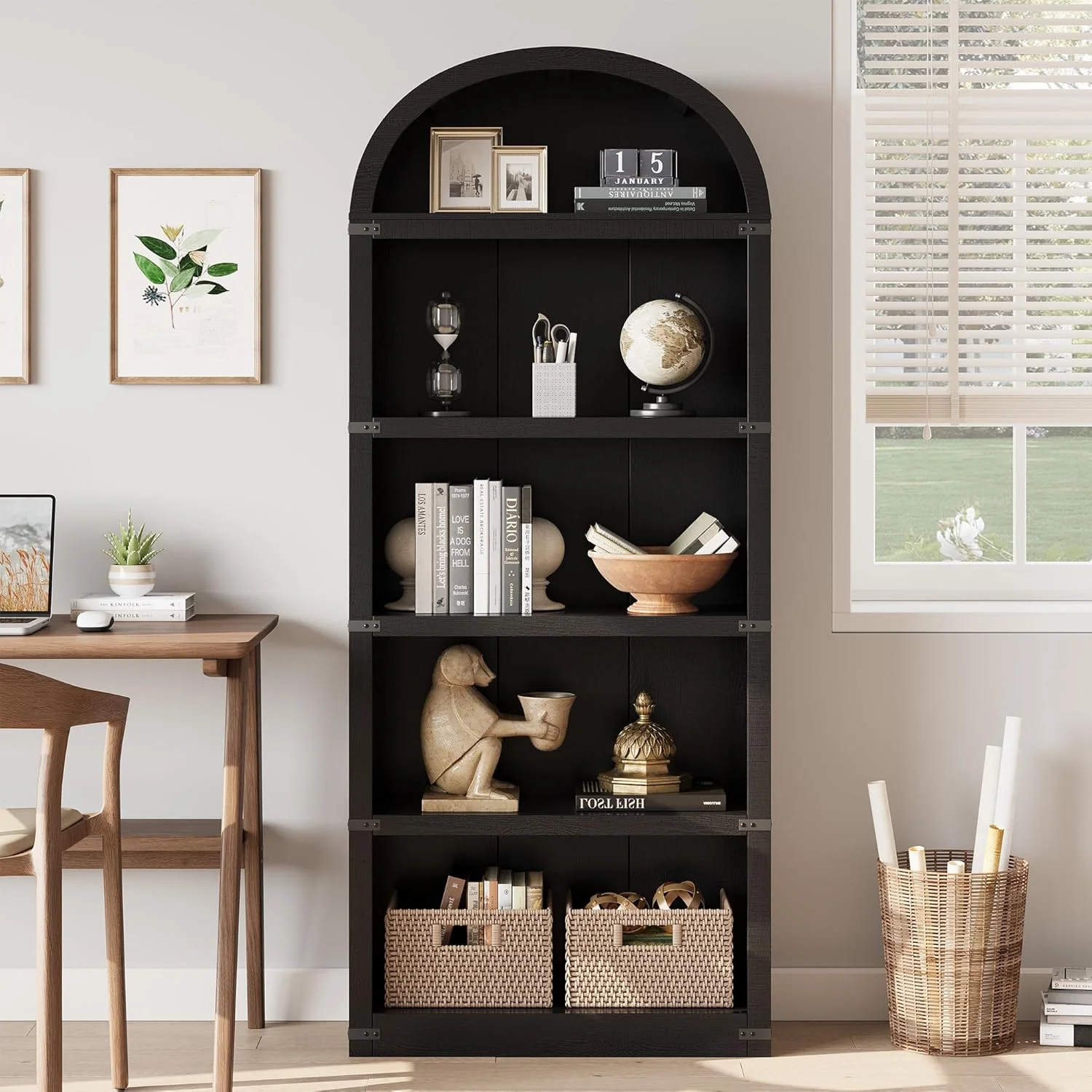 Bookcase 5 Shelf Arched Bookshelf 71.65in Tall Bookcase Farmhouse Display Storage Rack Wooden Bookshelves for Home Office, Living Room(white)