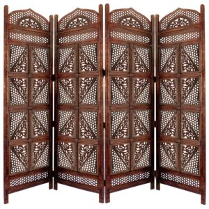 Four Panel Wooden Room Divider with Hand Carved Details in Antique Brown