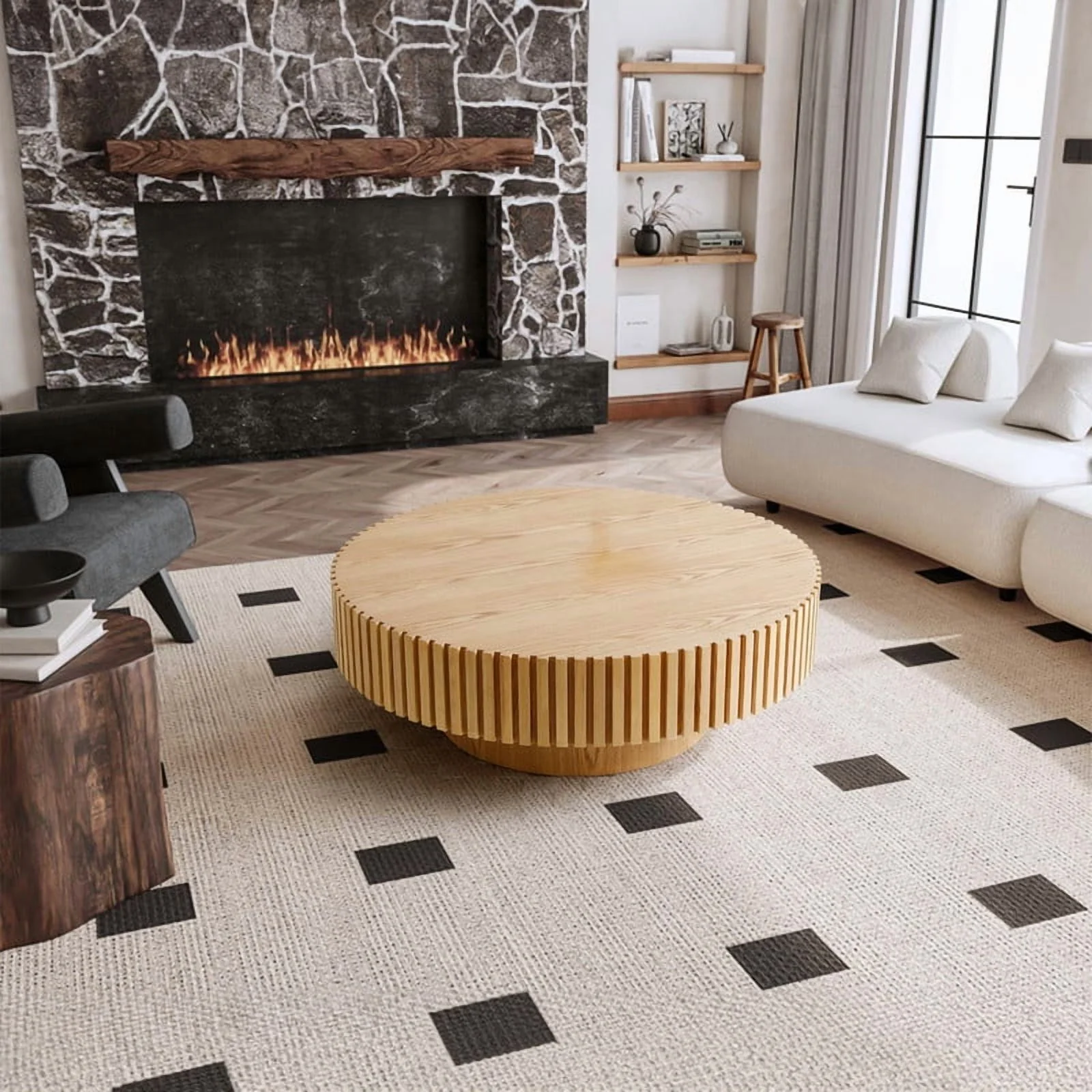 FFH 43.7 inch Oval Coffee Table for Living Room,Handcraft Rustic Corner Coffee Table Nature Wood Relief Sturdy Pedestal for Apartmen,Side Table Centre Table,Nature Wood