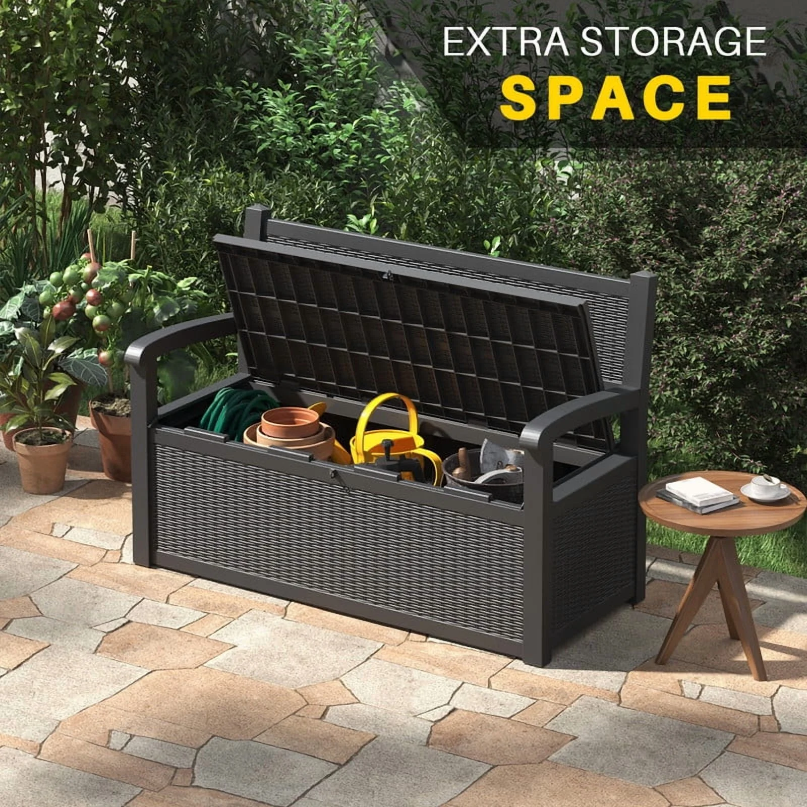 Bifanuo 70 Gallon Storage Bench Deck Box for Patio Furniture with Armrest Bench Outdoor Storage Water-Resistant Deck Box for Garden Tools,Pool Storage and Outdoor Cushions,Grey