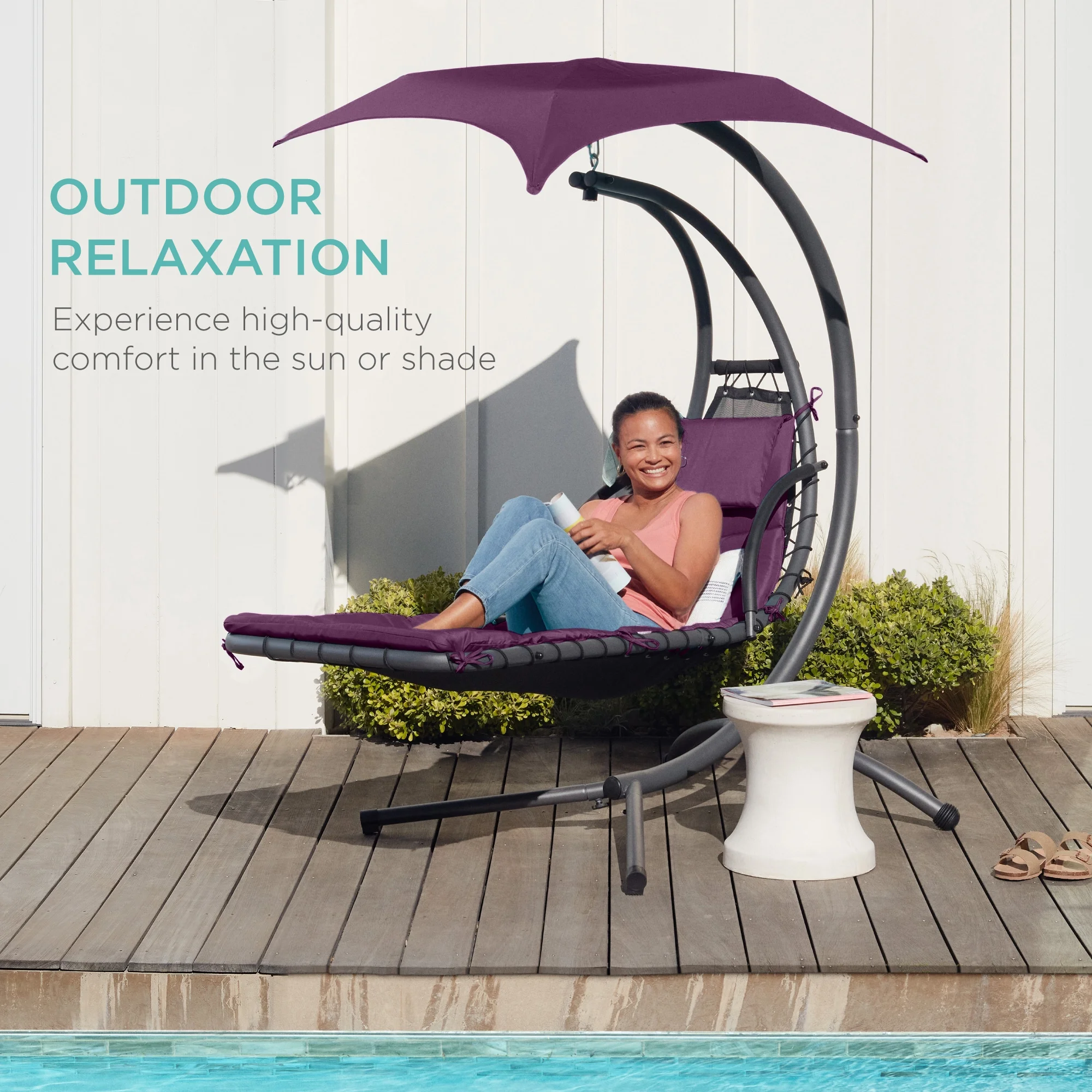 Best Choice Products Hanging Curved Chaise Lounge Chair Swing for Backyard, Patio w/ Pillow, Shade, Stand - Teal