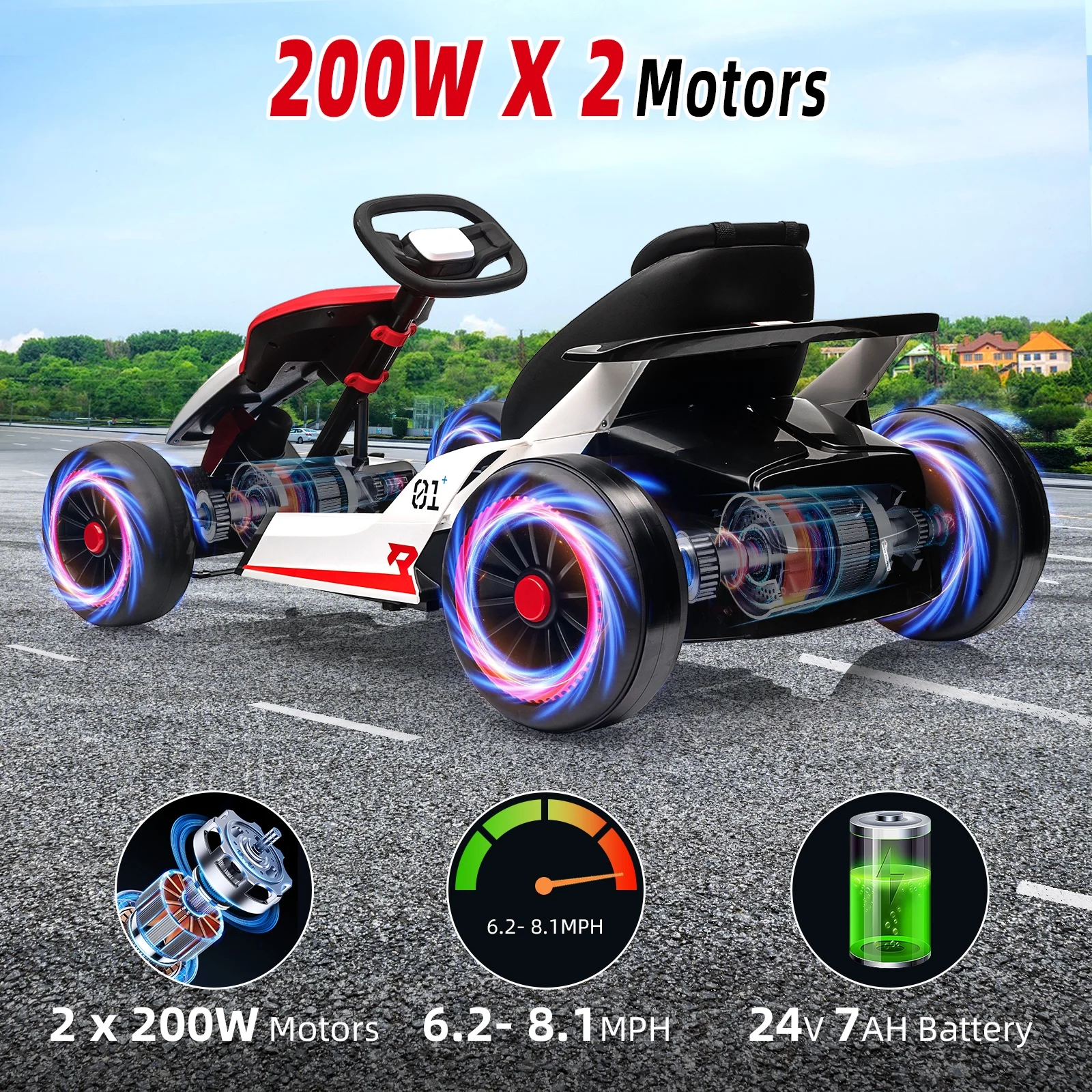 24V Drift Kart with 2X150W Strong Motor, 7AH Big Battery, Electric Pedals, Electric Go Kart Outdoor Race Toy