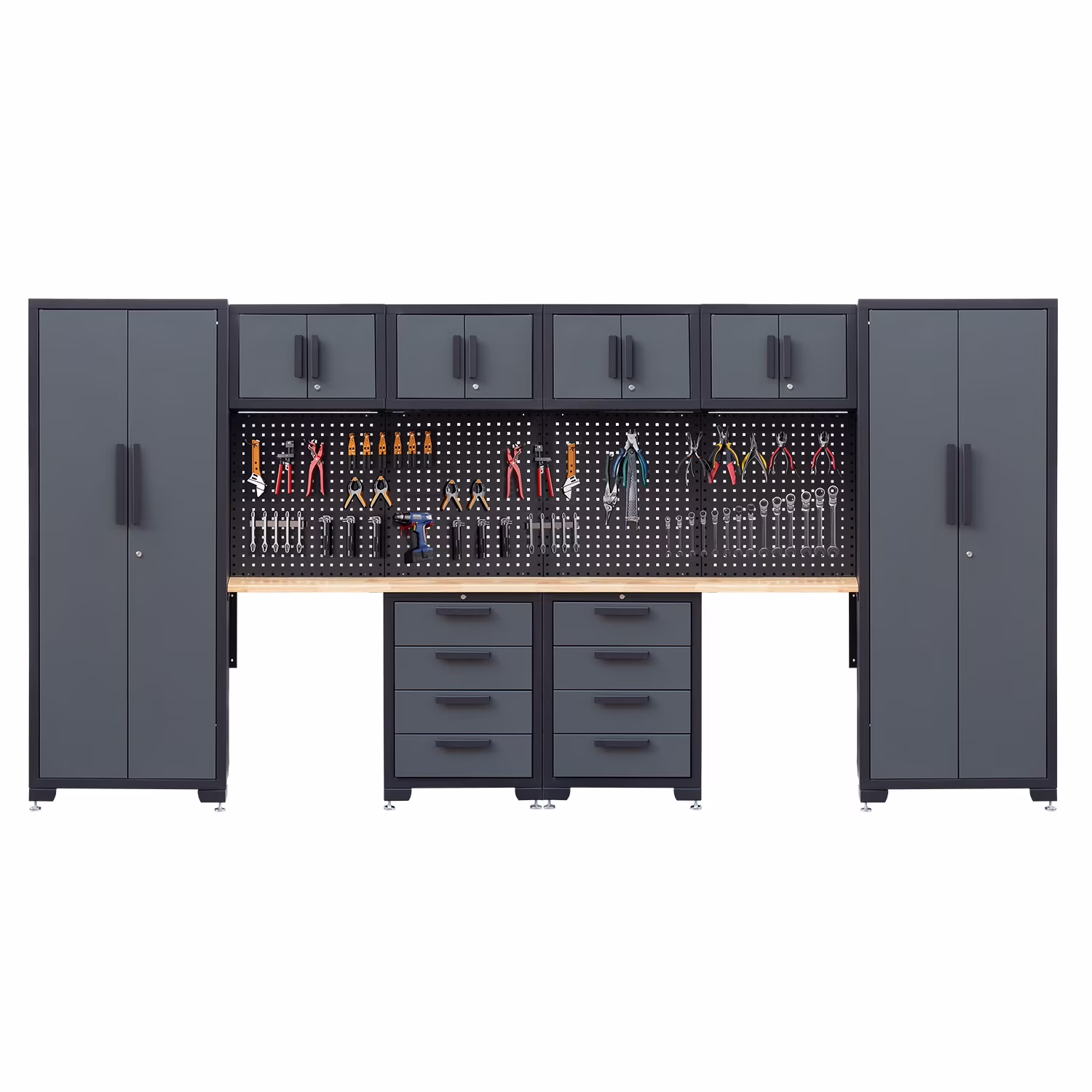 HPDMC Garage Storage Cabinet System 7-Pcs Workshop Set Metal Garage Cabinets System with Steel Cabinet Drawers, Workbench, Pegboard for Garage Tool Organization