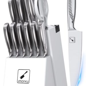 imarku Japanese HC Stainless Steel 15 Piece Kitchen Knife Set, Built in Sharpener, Sharp Knife Set with Point like Ergonomic Handle, Holiday Gift, Home Chef Knife, White