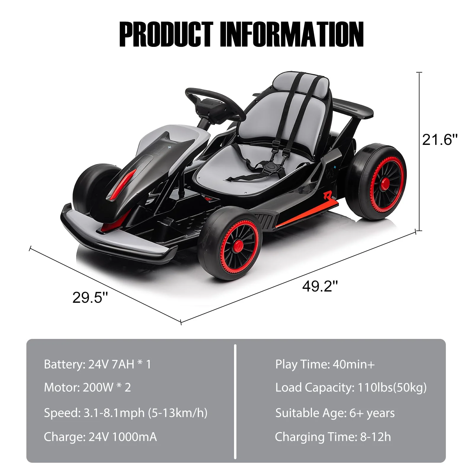 24V Drift Kart with 2X150W Strong Motor, 7AH Big Battery, Electric Pedals, Electric Go Kart Outdoor Race Toy