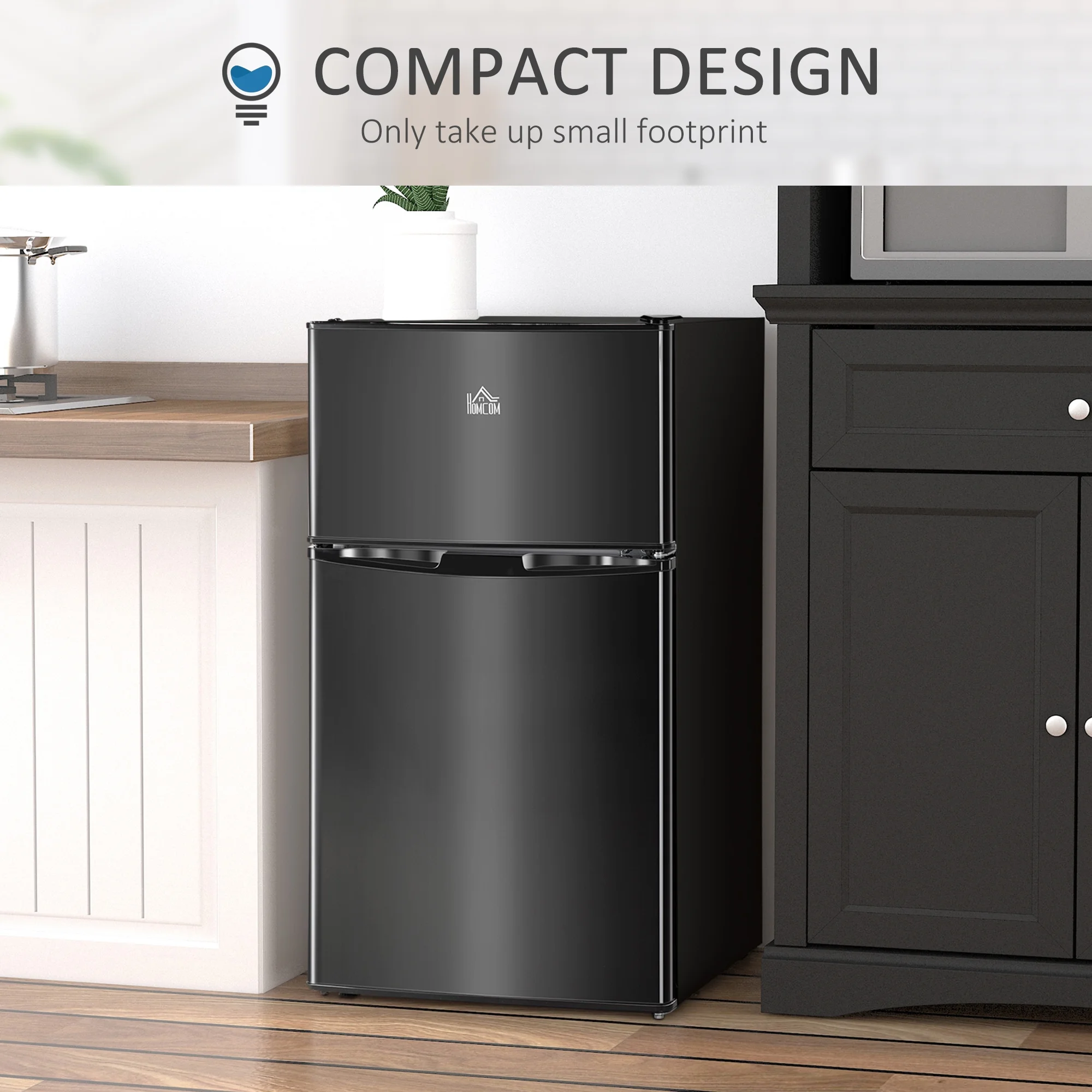 3.2 Cu.Ft Mini Fridge with Freezer, Double Door Compact Refrigerator with Adjustable Thermostat, Shelf and Reversible Door for Bedroom, Dorm, Home Office, Energy Efficient, Black