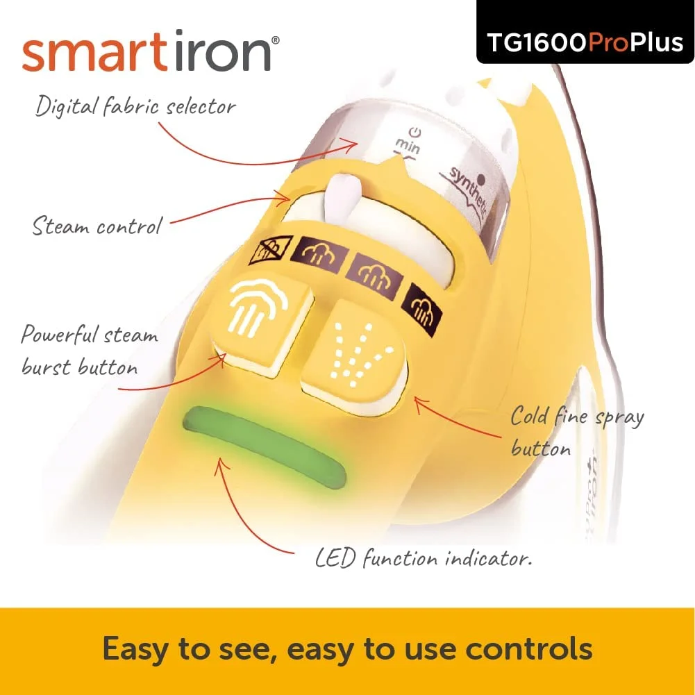 Oliso TG1600 Pro Plus 1800 Watt SmartIron with Auto Lift - for Clothes, Sewing, Quilting and Crafting Ironing | Diamond Ceramic-Flow Soleplate Steam Iron, Yellow