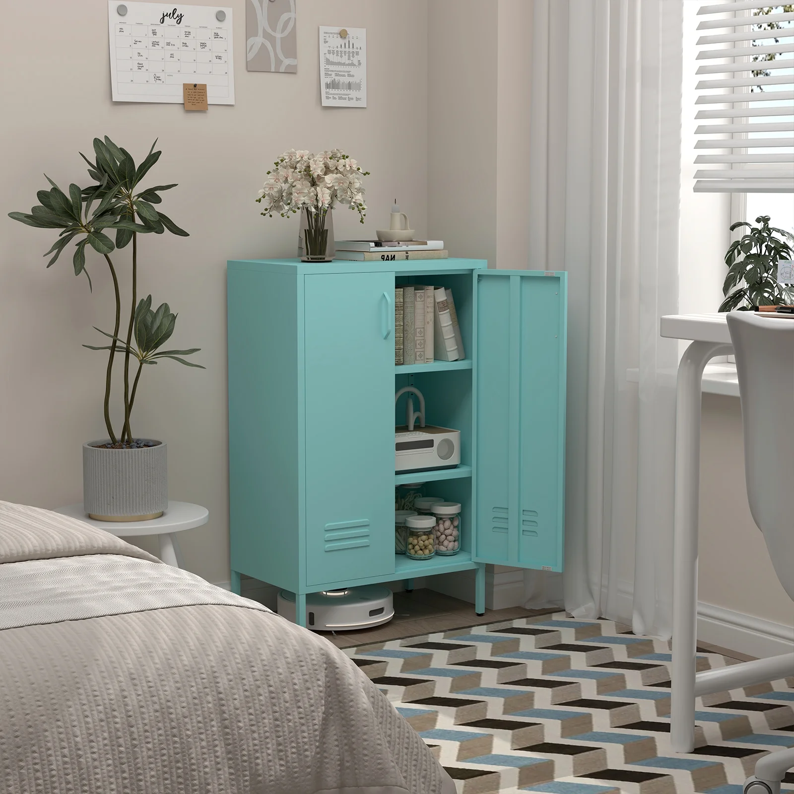 Marcree Green Metal Cabinet,2 Door Accent Cabinet,Metal Locker Cabinet with Legs,Sideboard Cabinet with Adjustable Shelves,Locker Storage Cabinet for Living Room,Entryway