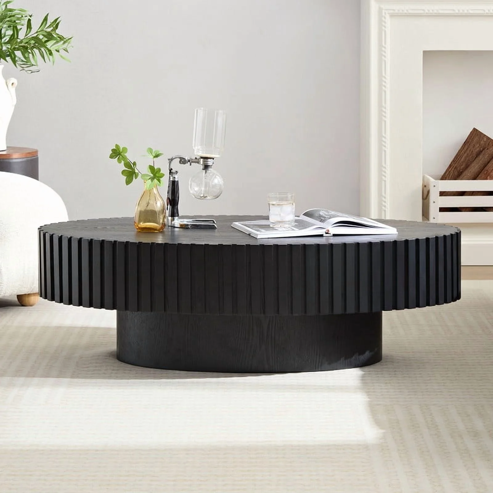 FFH 43.7 inch Oval Coffee Table for Living Room,Handcraft Rustic Corner Coffee Table Nature Wood Relief Sturdy Pedestal for Apartmen,Side Table Centre Table,Nature Wood