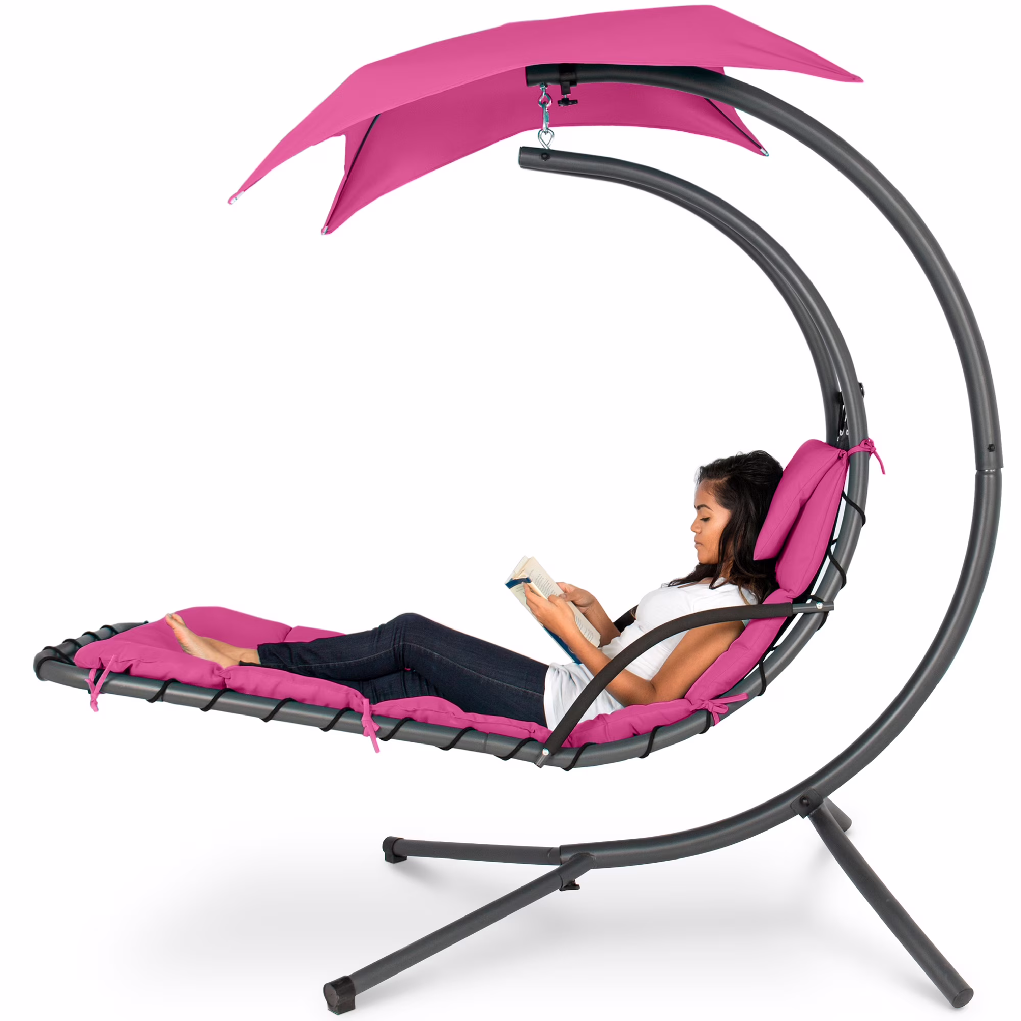 Best Choice Products Hanging Curved Chaise Lounge Chair Swing for Backyard, Patio w/ Pillow, Shade, Stand - Teal