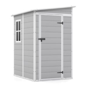 Patiowell 5x4 FT Outdoor Storage Shed, Resin Storage Shed with Floor & Window & Lockable Door for Patio Furniture, Garden Tools and Bicycle, White