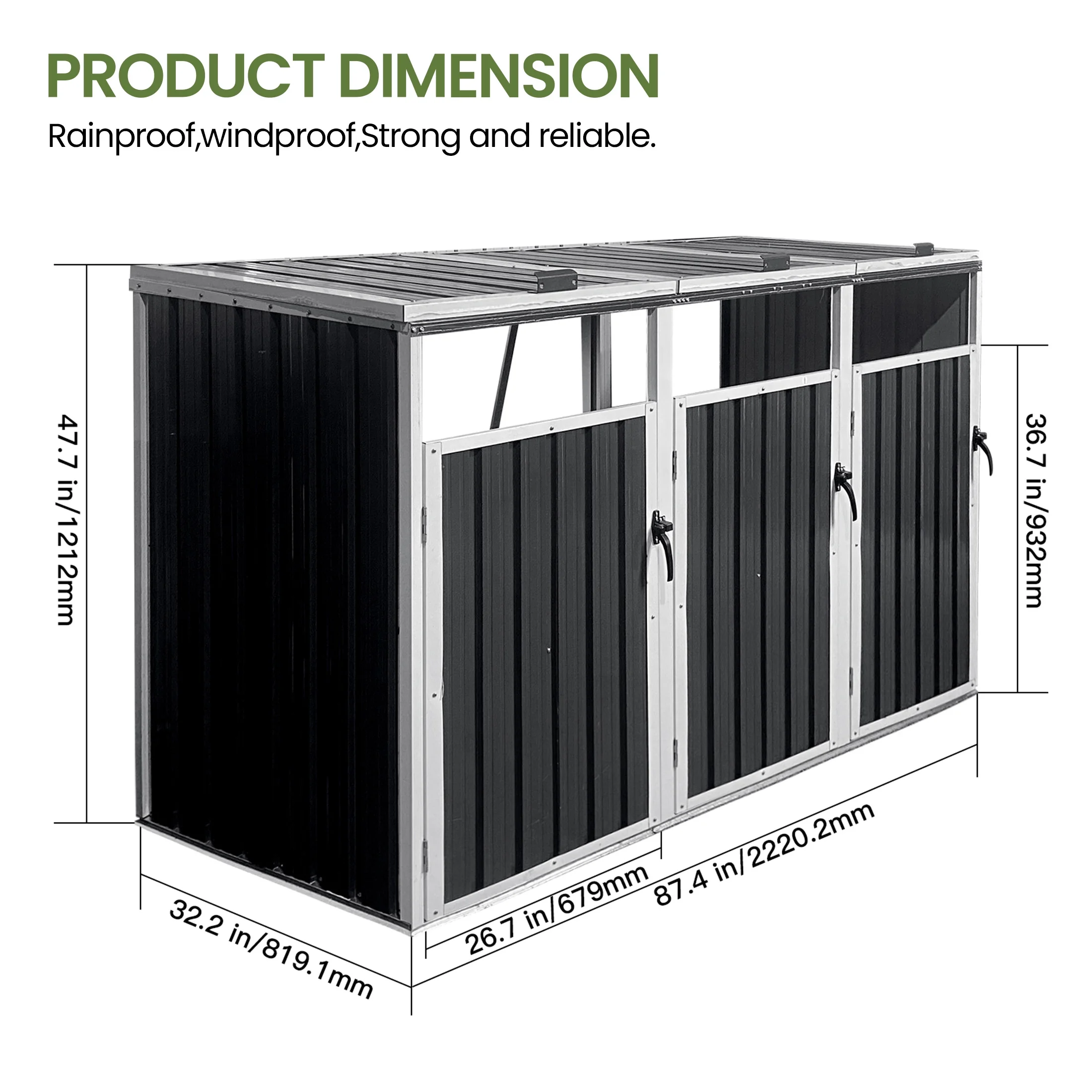 Aukfa 7.3' W Outdoor Garbage Bin Storage, Metal Storage Shed for 3 Trash Cans Tools, Waterproof Trash Can Storage