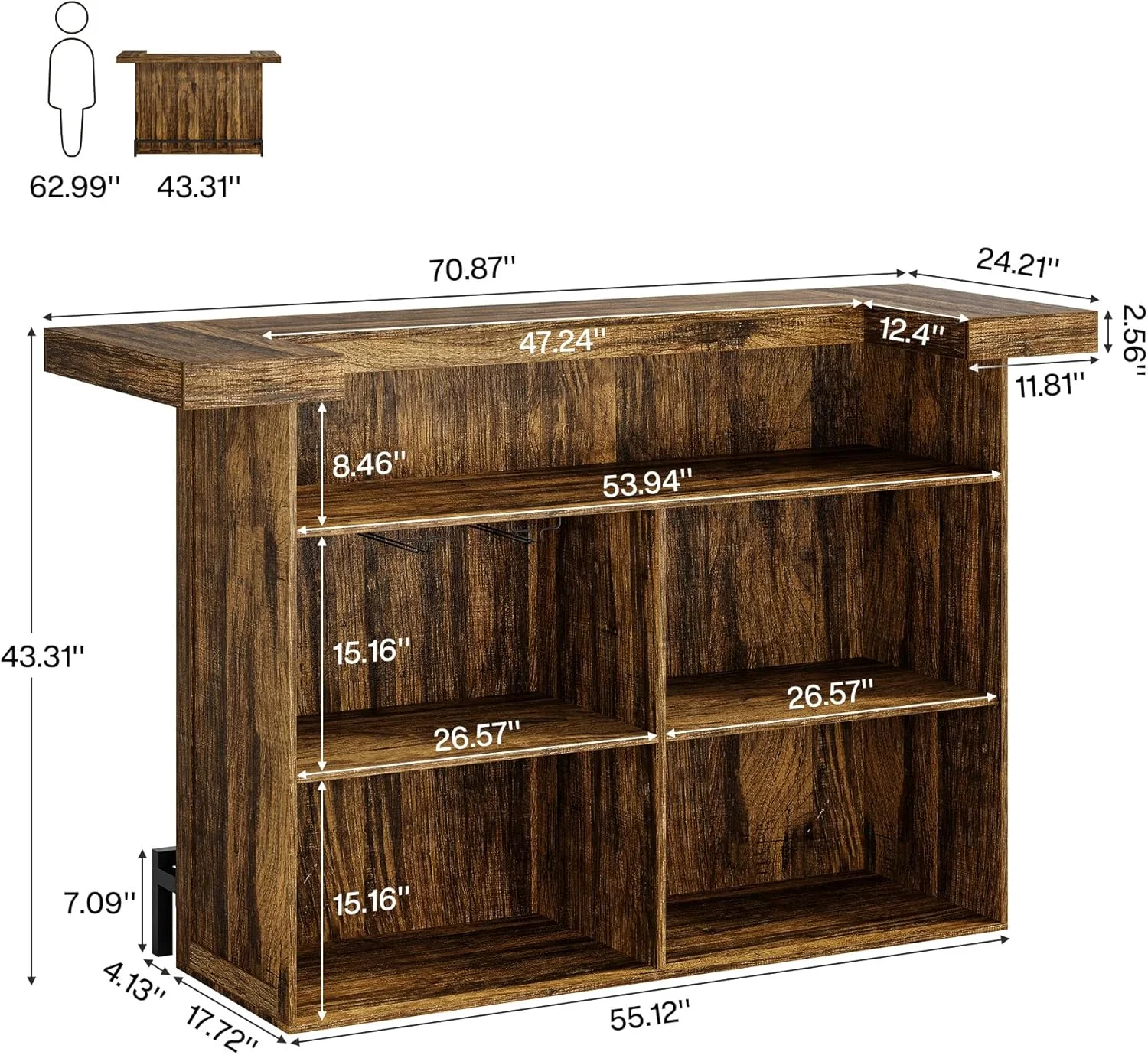4-Tier Bar Table, 70.9-Inch Large Modern Home Bar Cabinet with Wine Glass Holder and Black Footrest