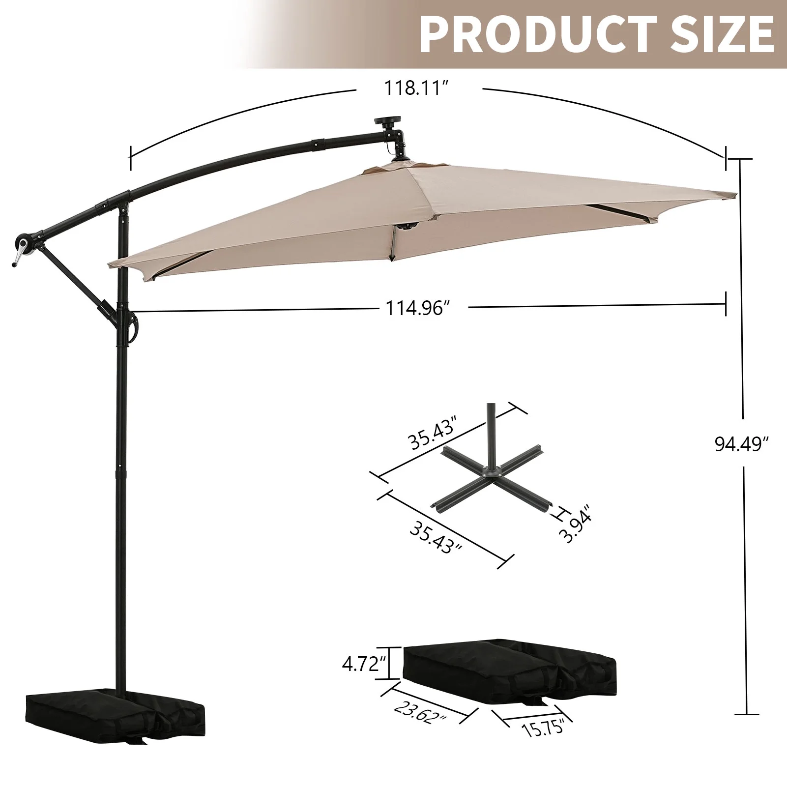 Ainfox 10ft Cantilever Patio Umbrella with Lights, Offset Market Umbrella with Sandbags Weighted Base and Cross Base,Khaki