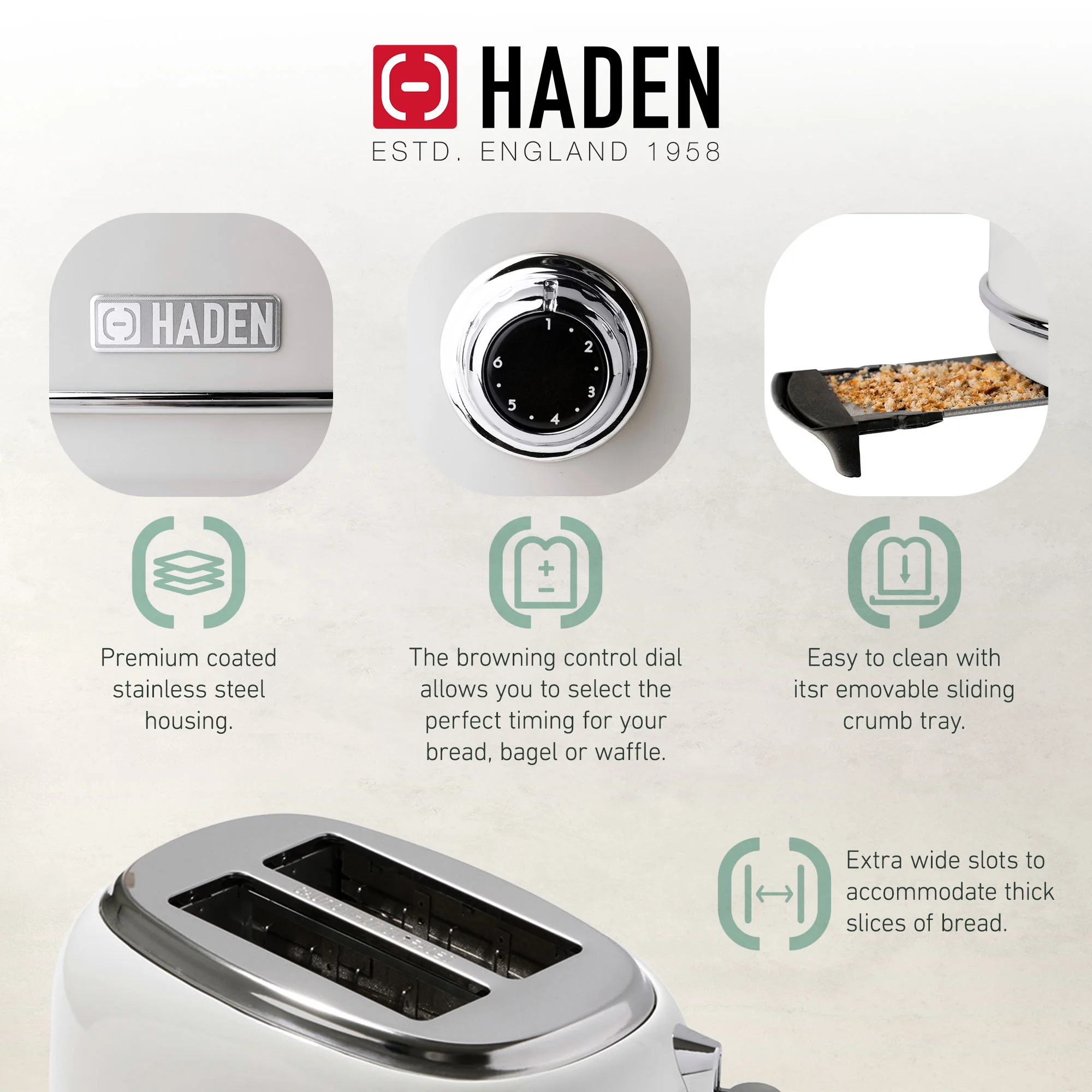 Haden Heritage 1.7 Liter Electric Kettle with 2 Slice Bread Toaster, White