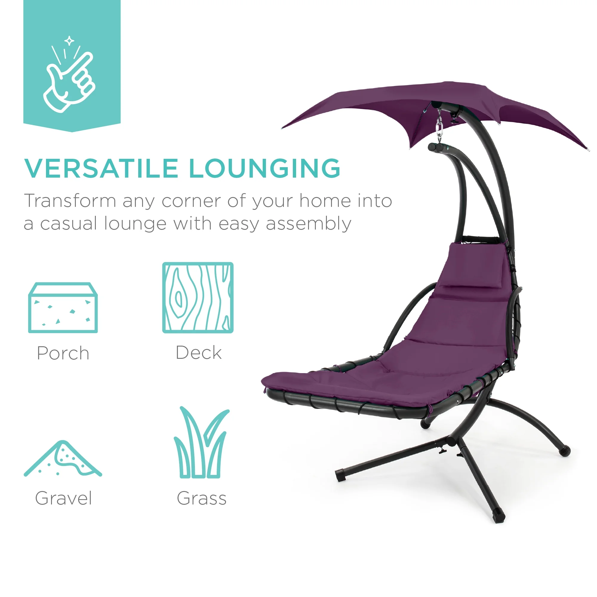 Best Choice Products Hanging Curved Chaise Lounge Chair Swing for Backyard, Patio w/ Pillow, Shade, Stand - Teal